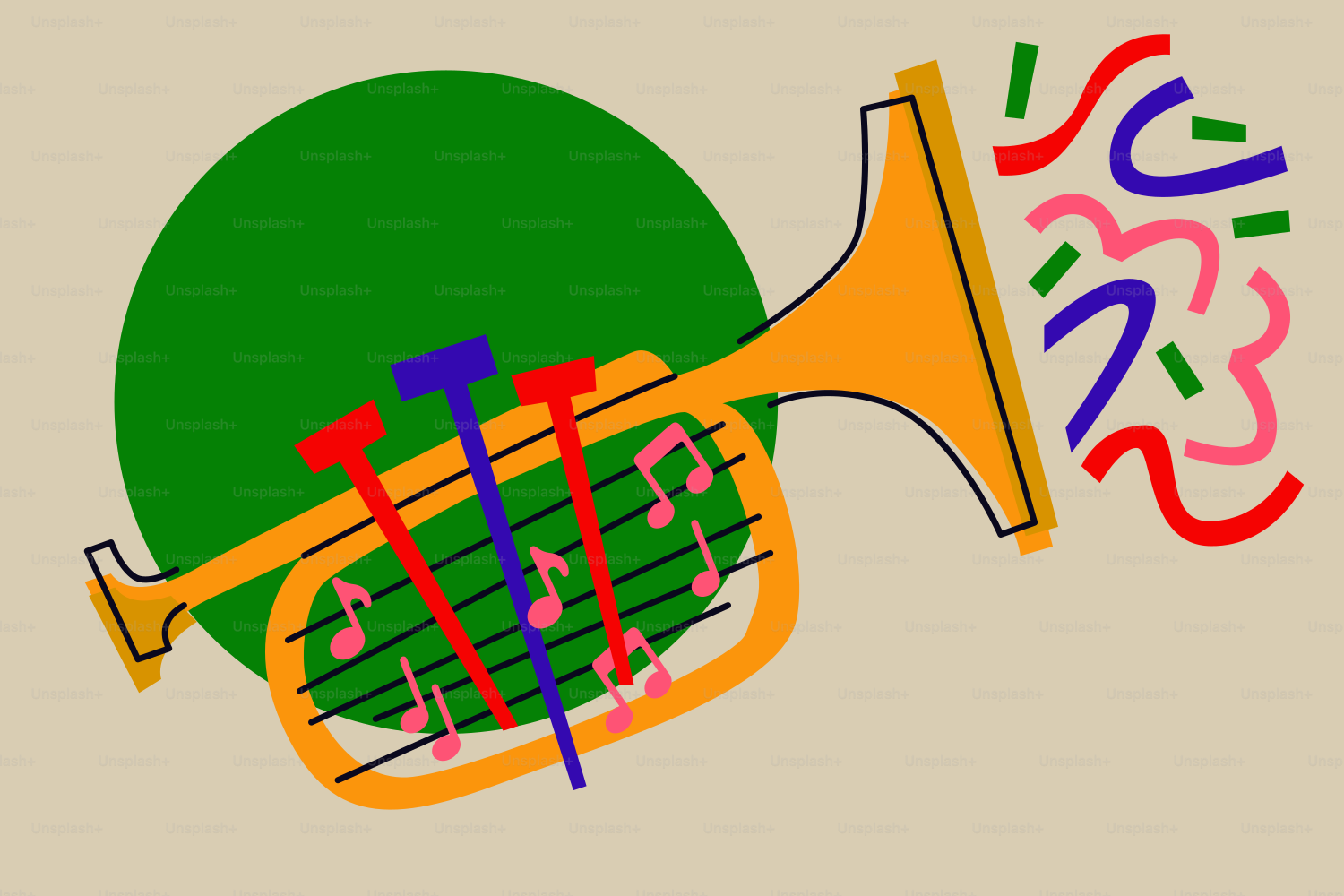 Una tromba da cartone animato con note musicali e coriandoli