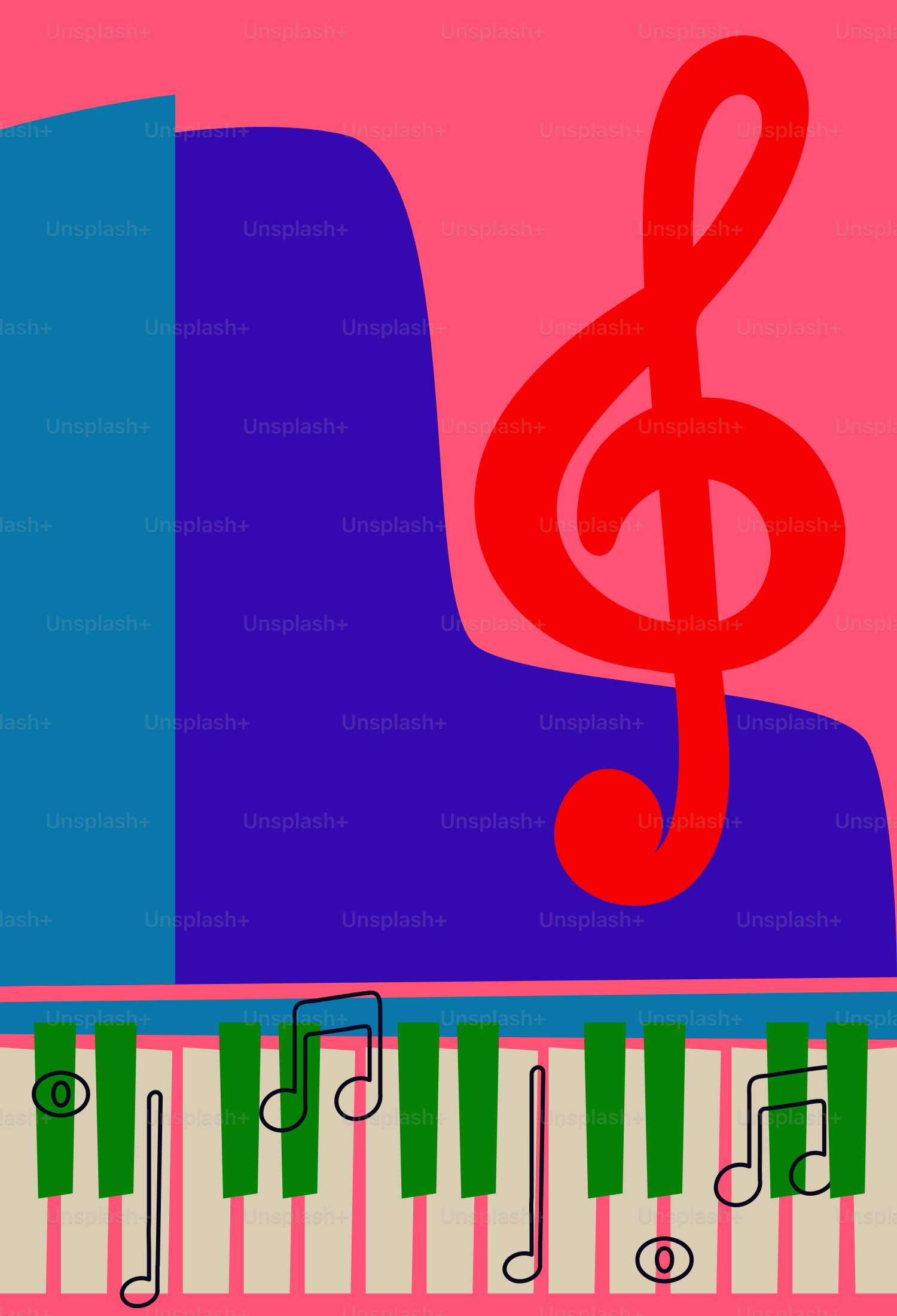 Ein Klavier mit Violinschlüssel und Noten.