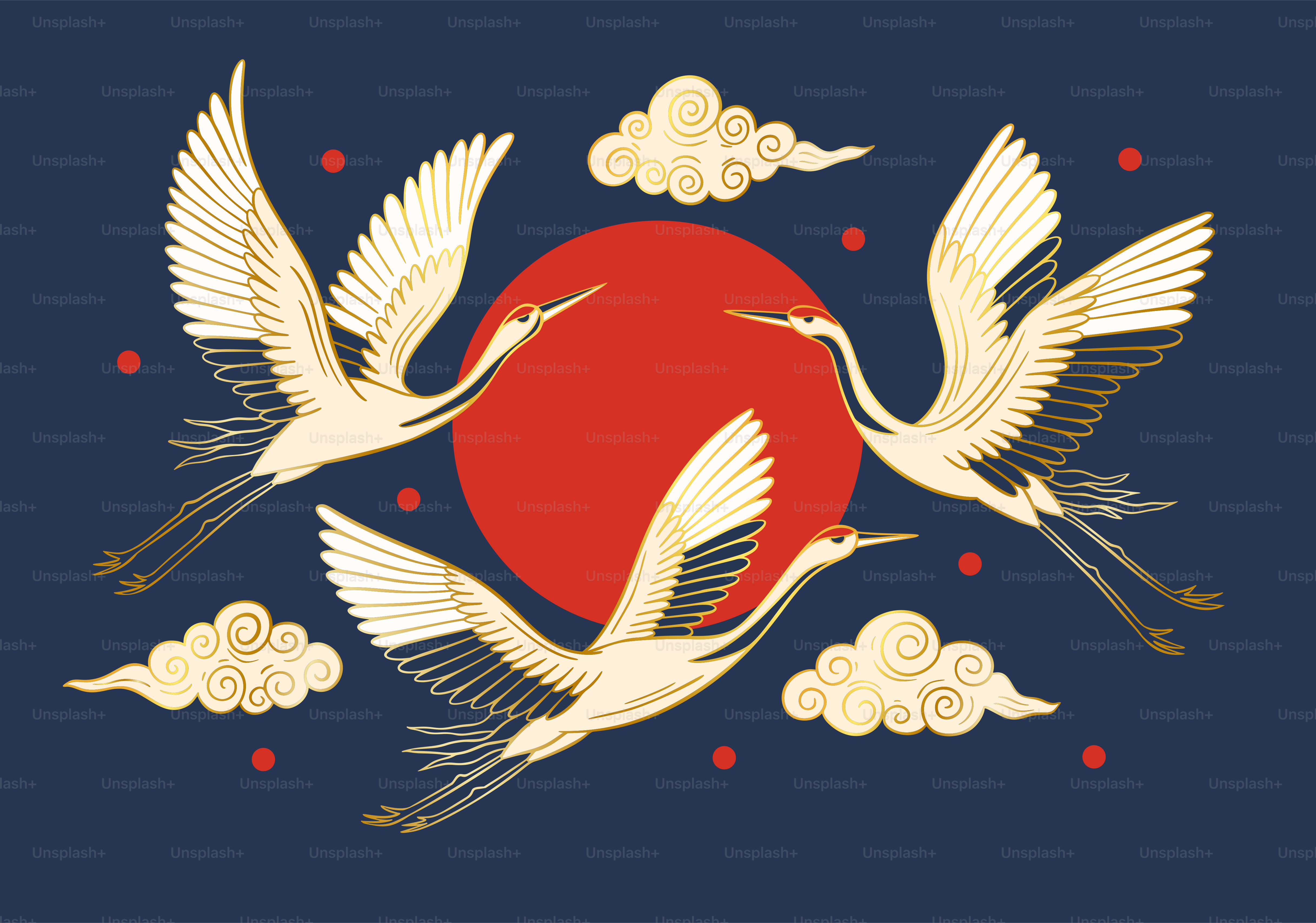 Three cranes fly near a red sun and clouds.