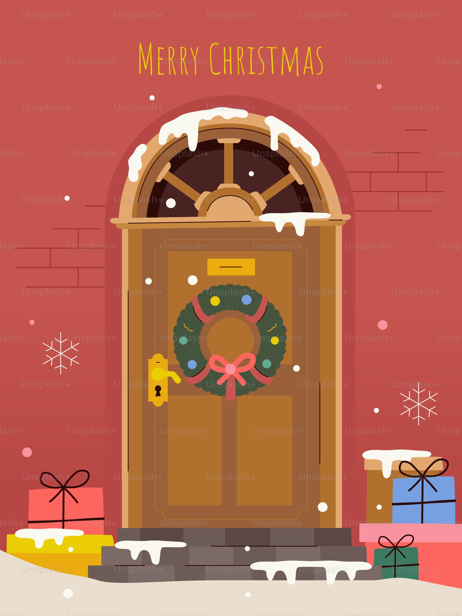 雪の中に飾られたリースと贈り物のクリスマスドア