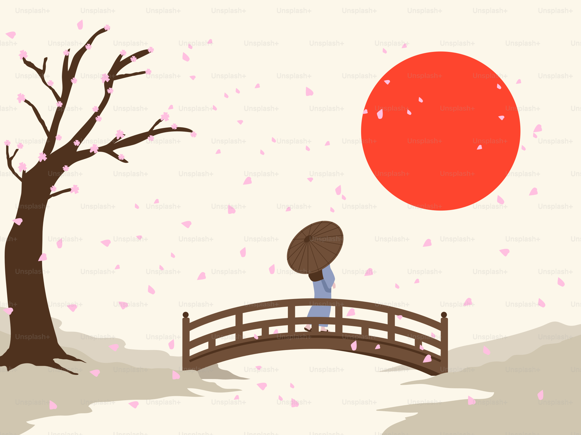 Woman in kimono on bridge under red sun