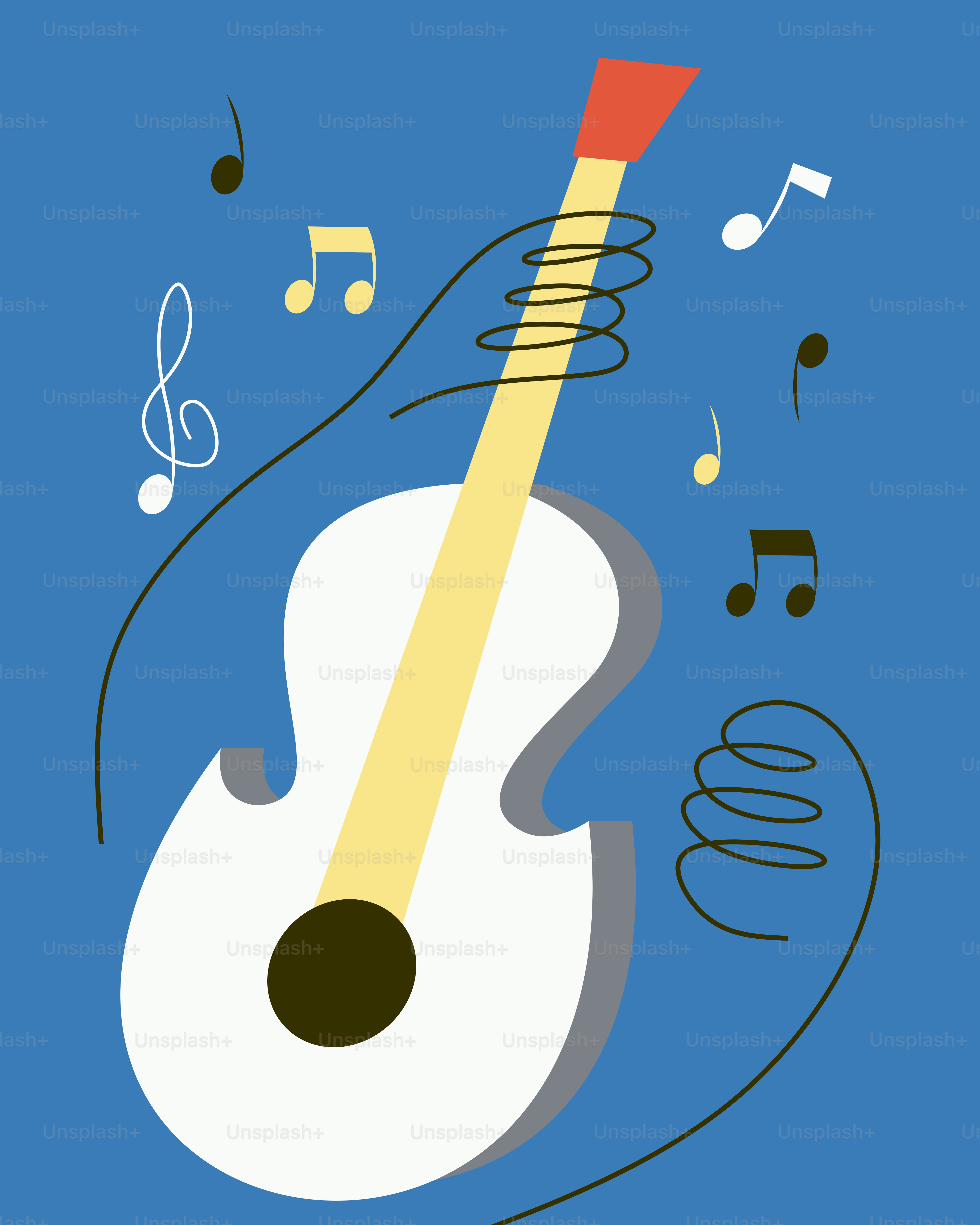 Hands playing a white guitar with musical notes.