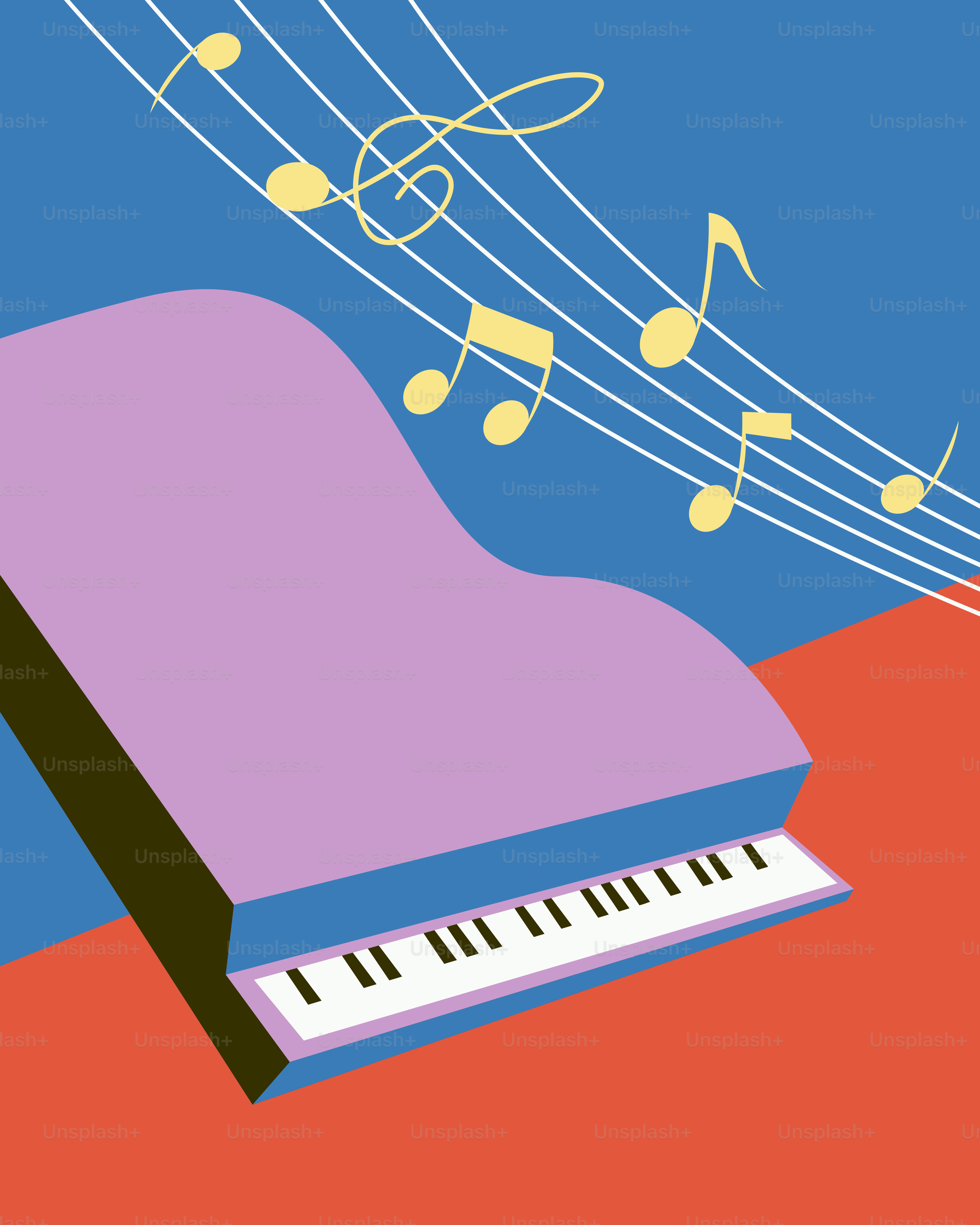 A purple grand piano with musical notes.