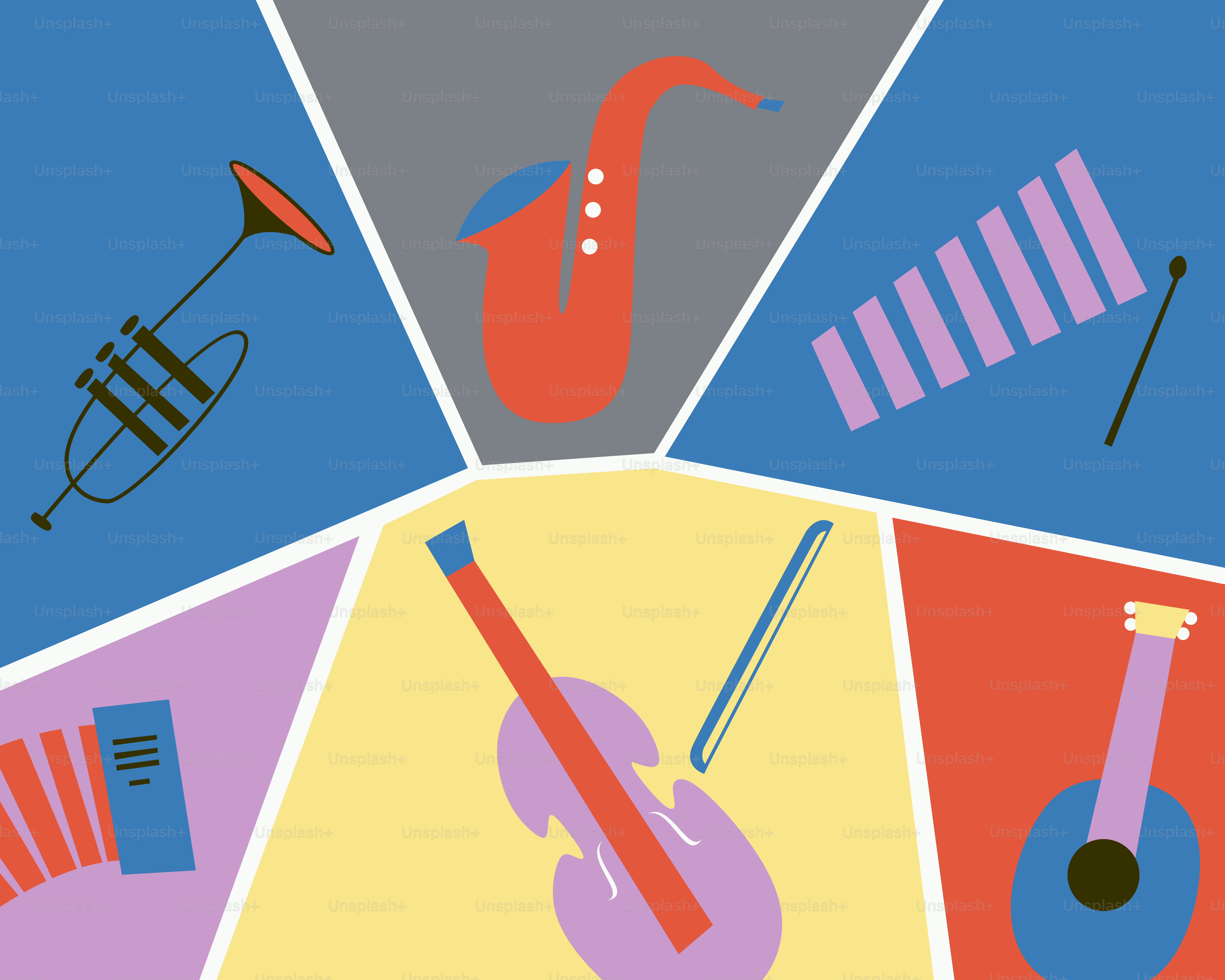 Vari strumenti musicali disposti su uno sfondo colorato.