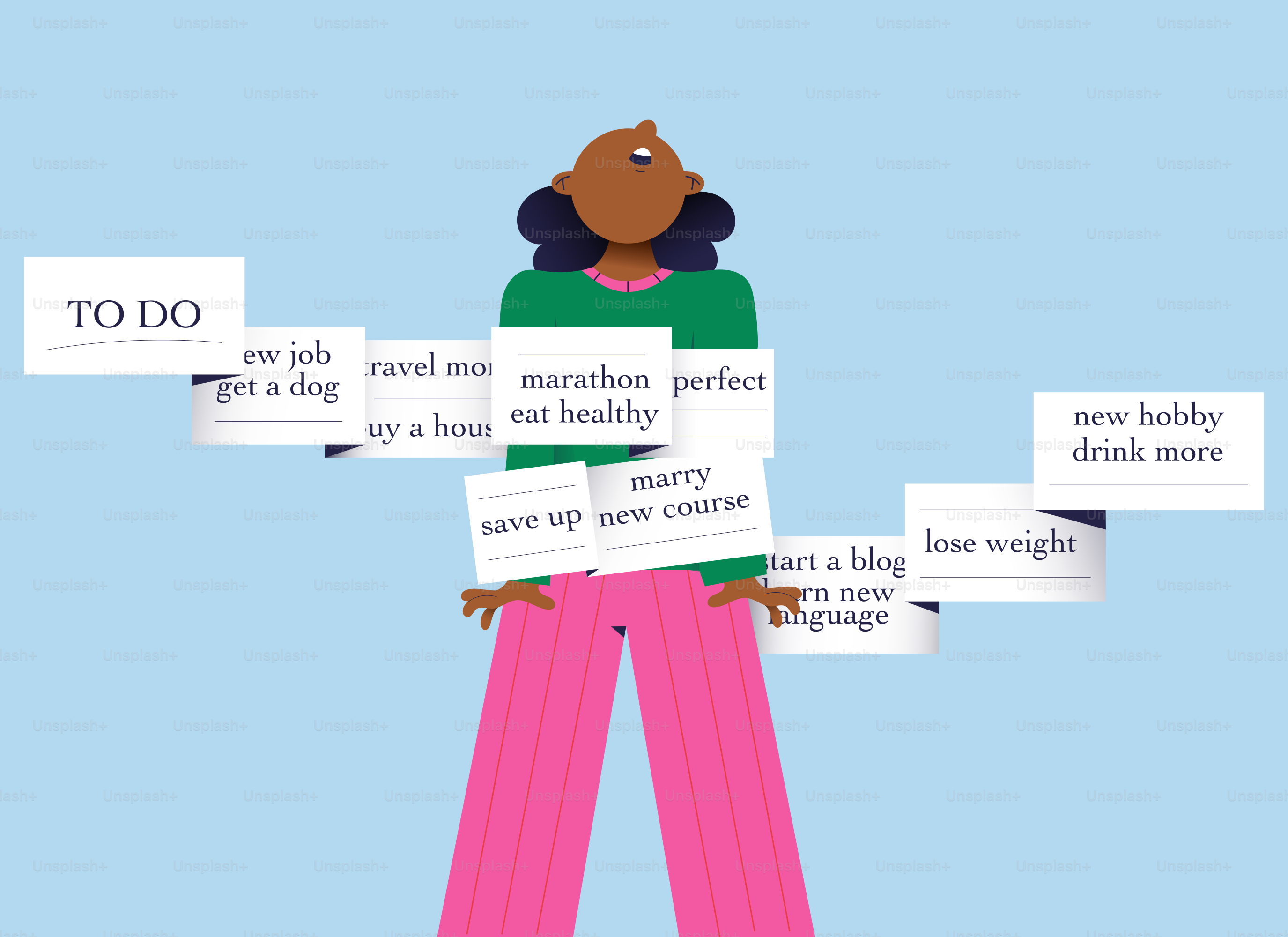 やることリストや目標に囲まれた女性。