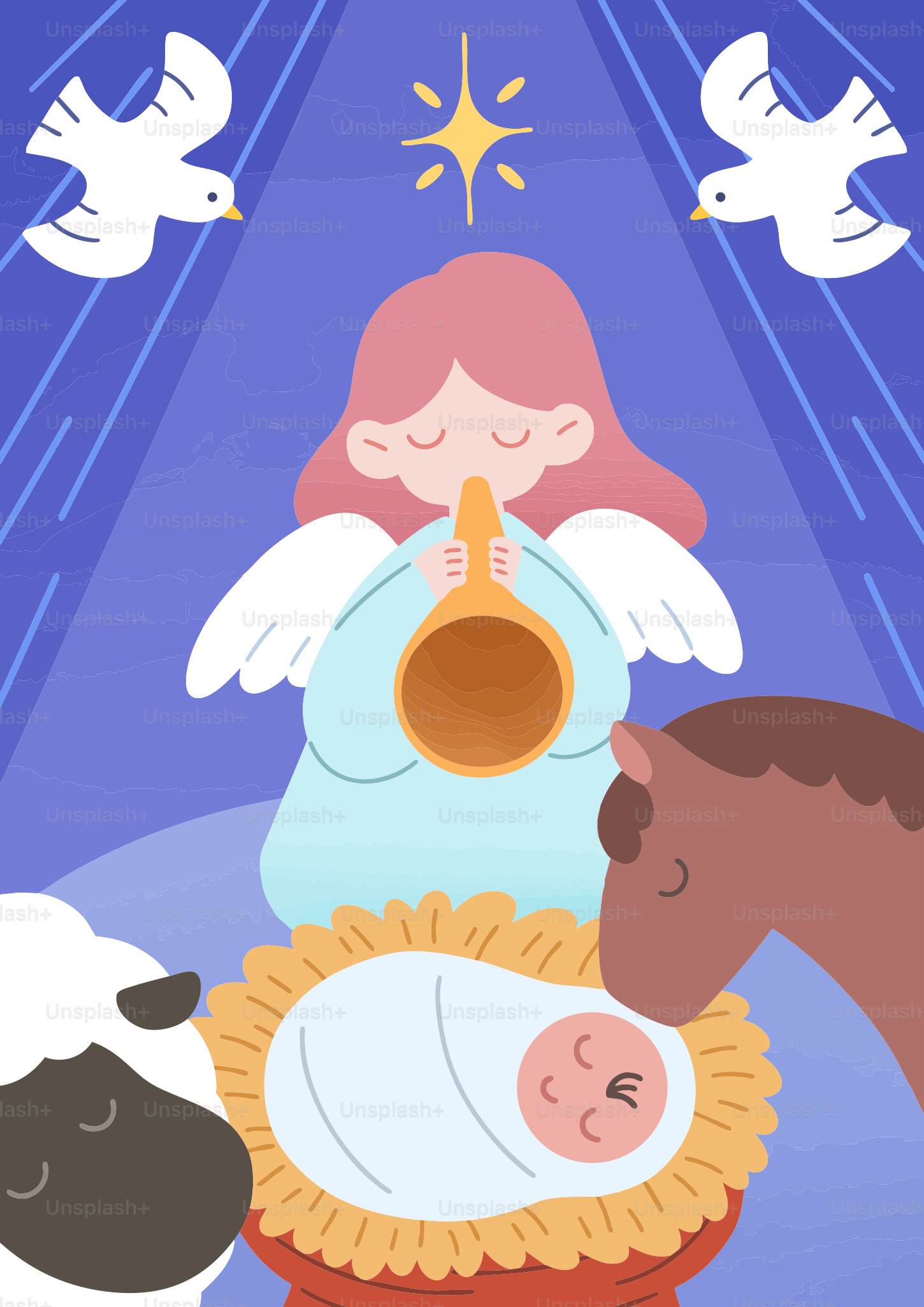 Nativity scene with baby jesus, angel, sheep, and horse. vector – Christmas  Image on Unsplash, image size:3000x4241