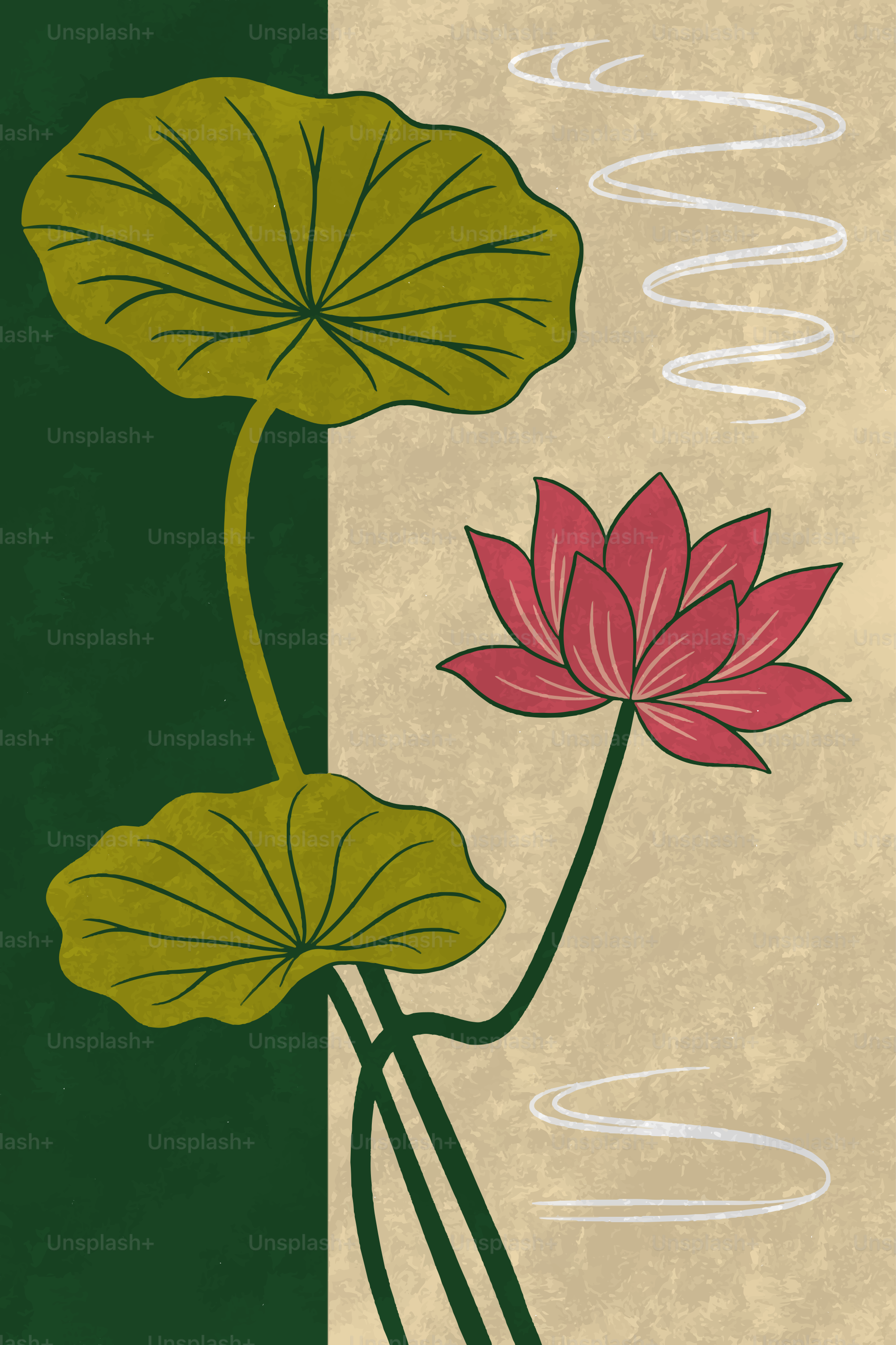 Pink lotus flower with green leaves and wavy lines.