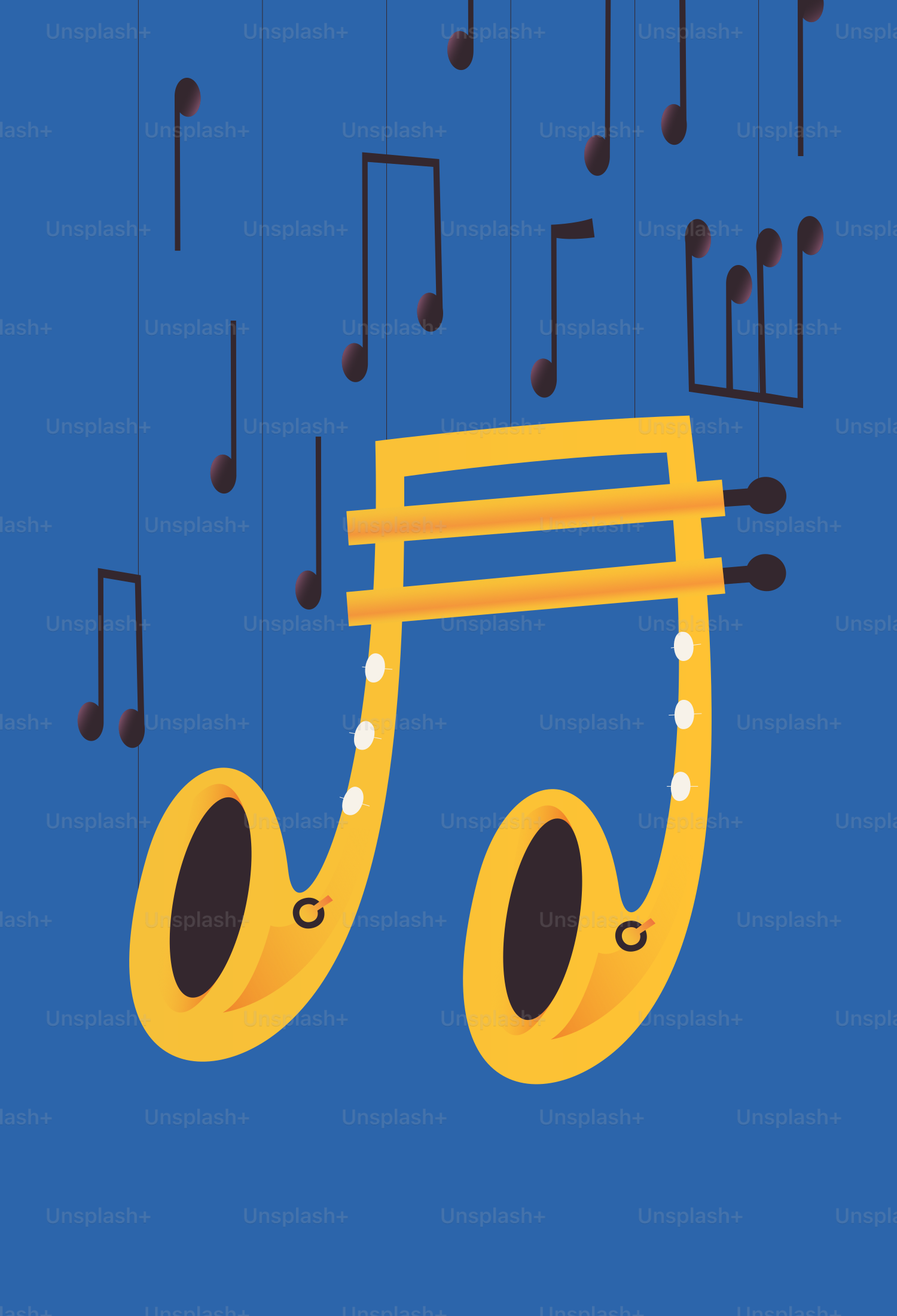 Musical notes and a saxophone on blue background