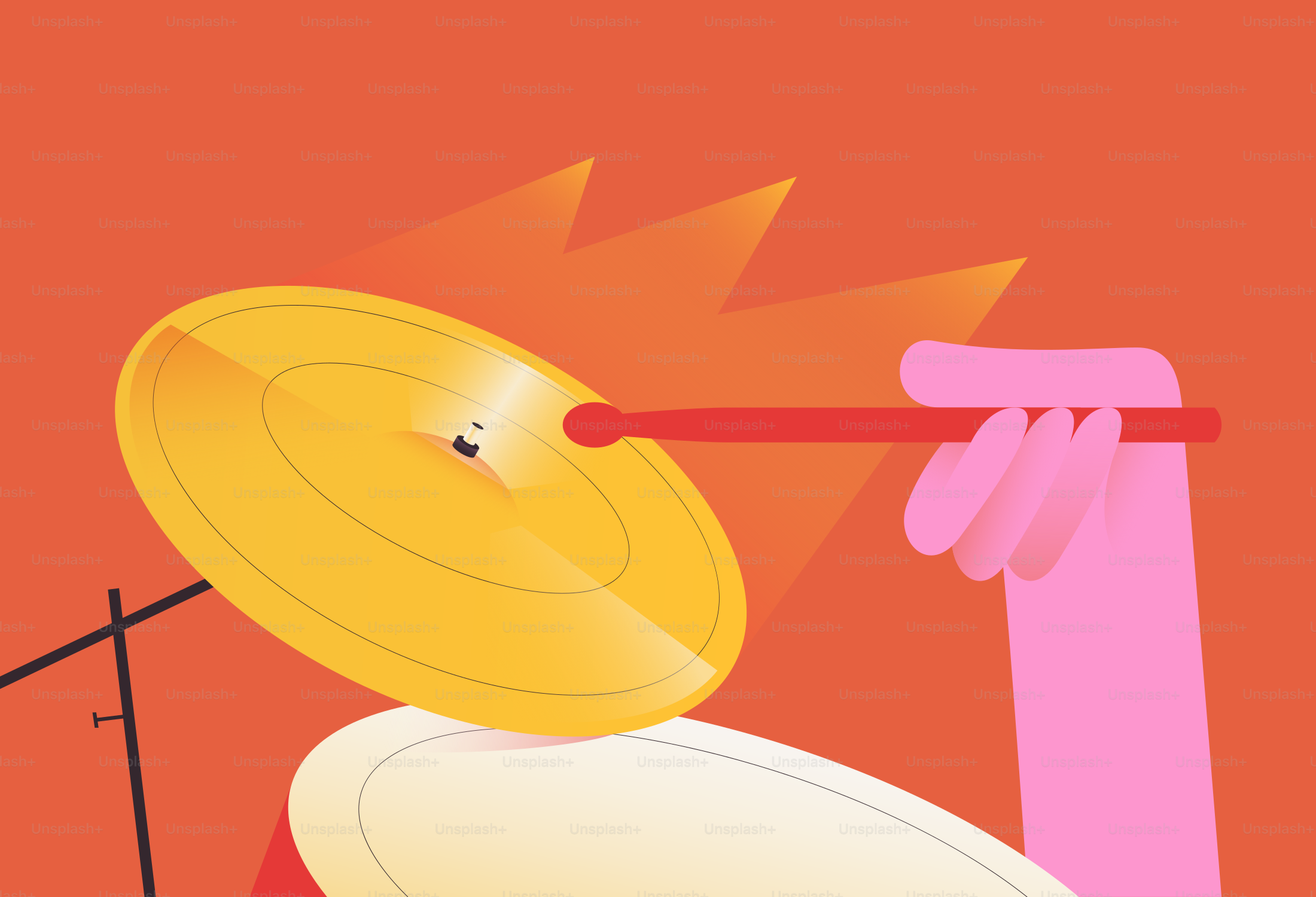 Hand hitting a cymbal with a drumstick