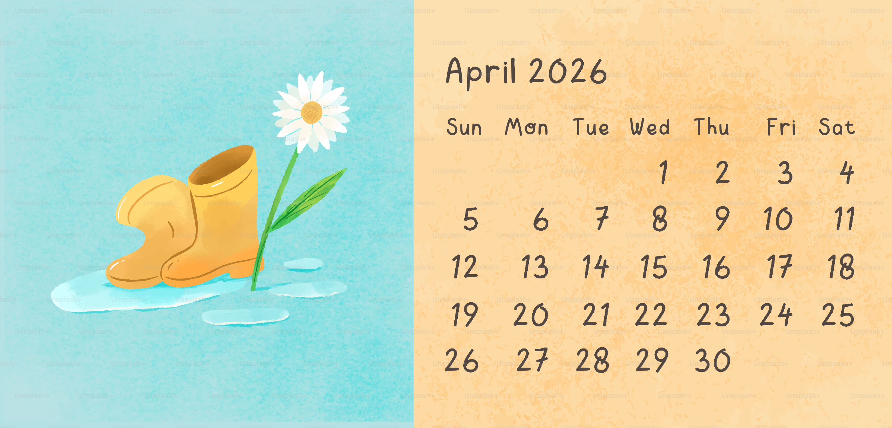 Yellow boots and daisy with april 2026 calendar.