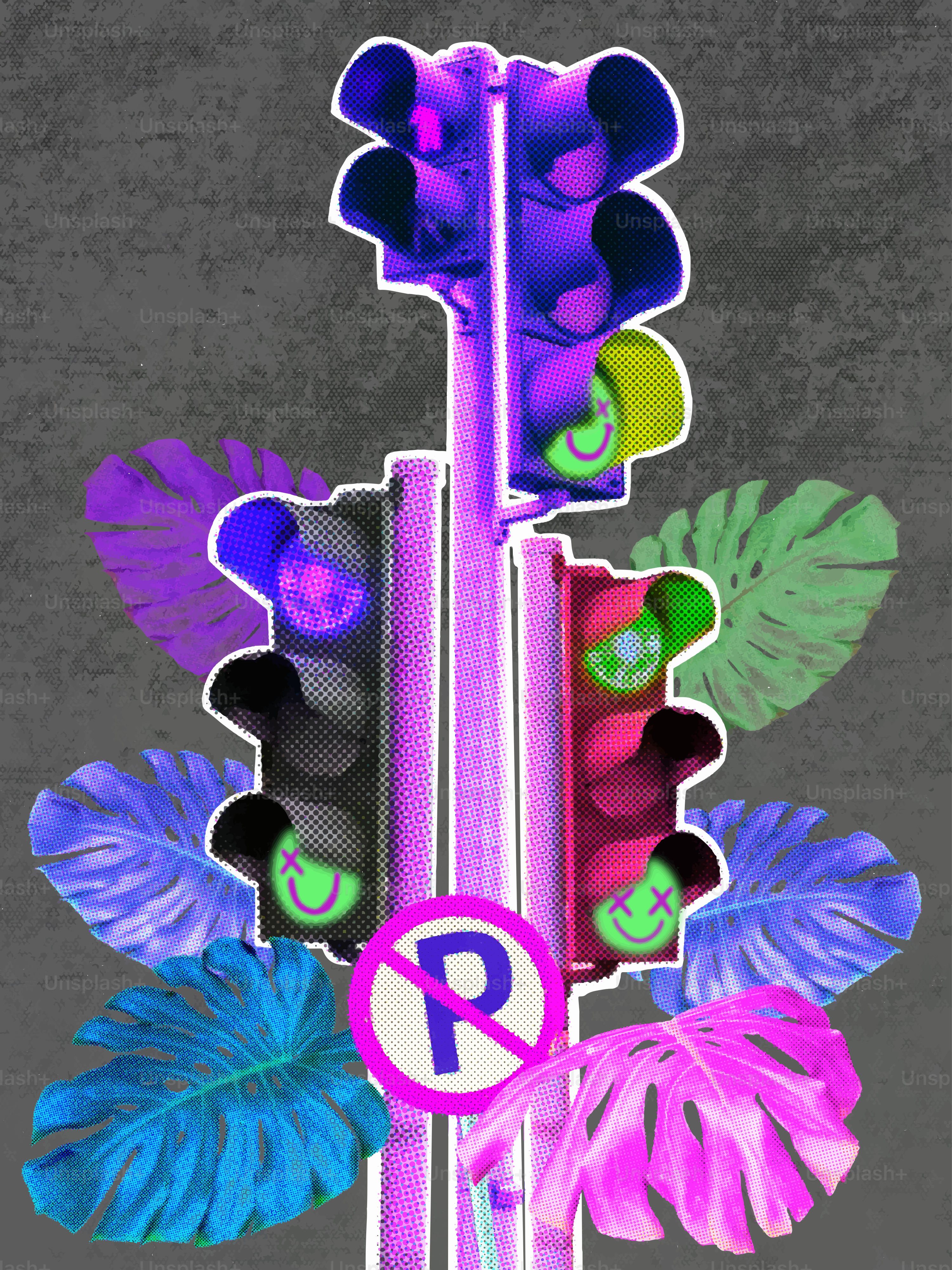 스마일리 얼굴과 열대 낙엽이 있는 신호등들