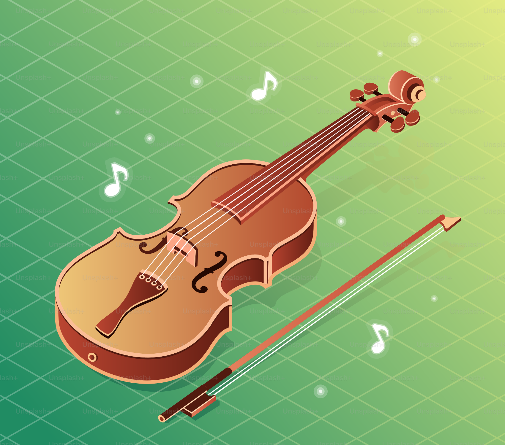 A violin and bow on a green background.