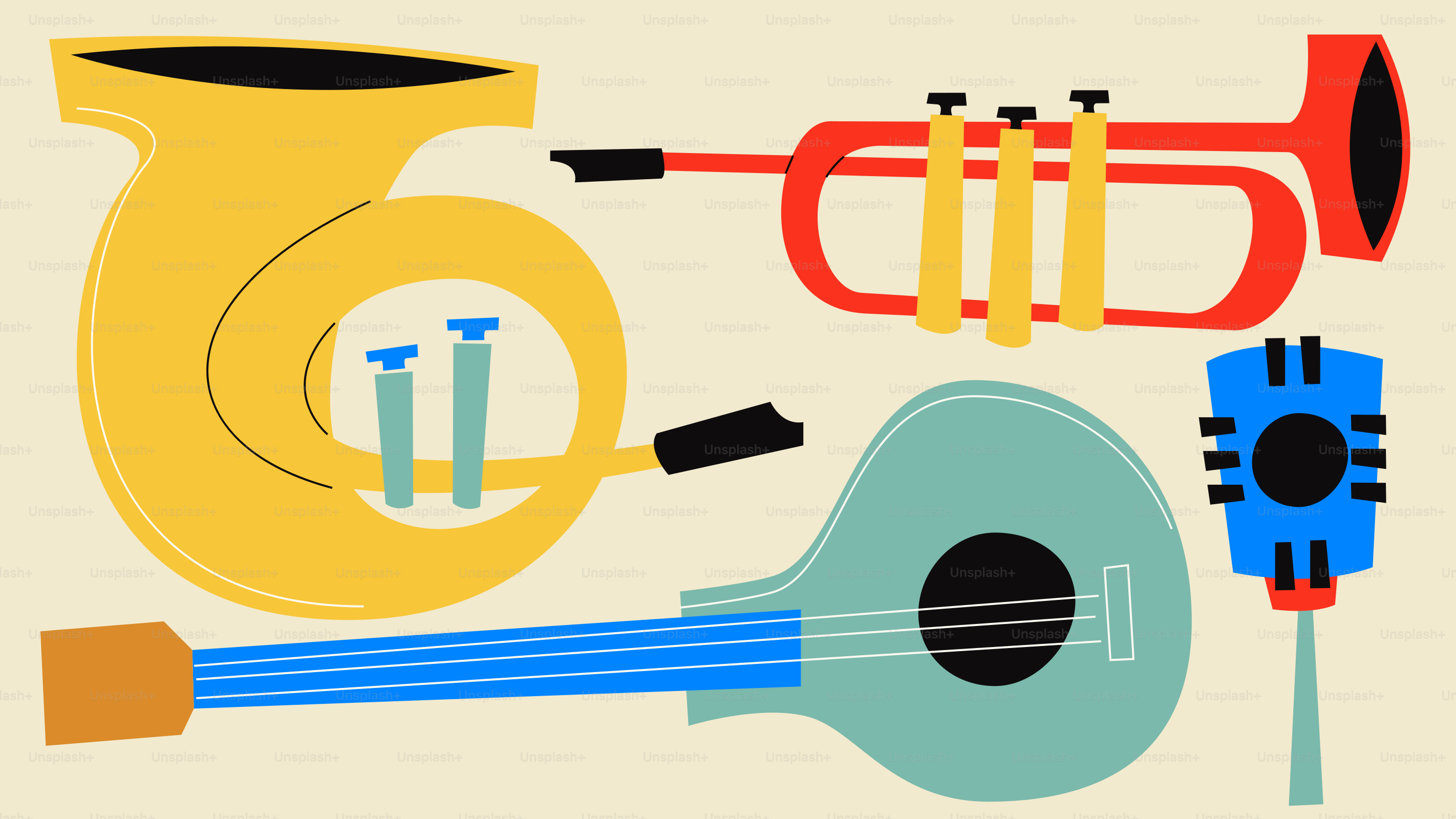 Collection of musical instruments and microphone