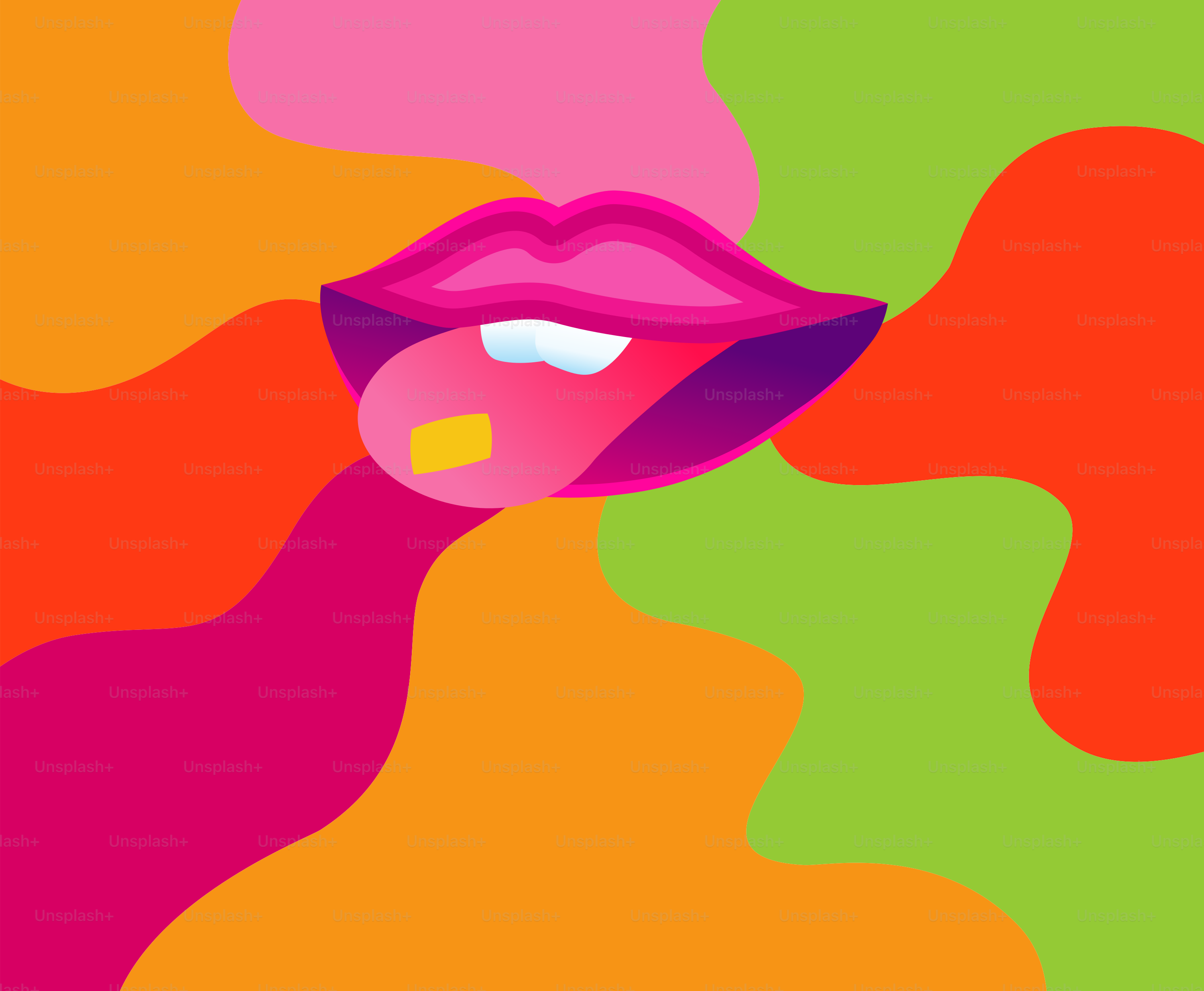 Frauenmund mit LSD-Tab auf der Zunge, bunter Hintergrund.