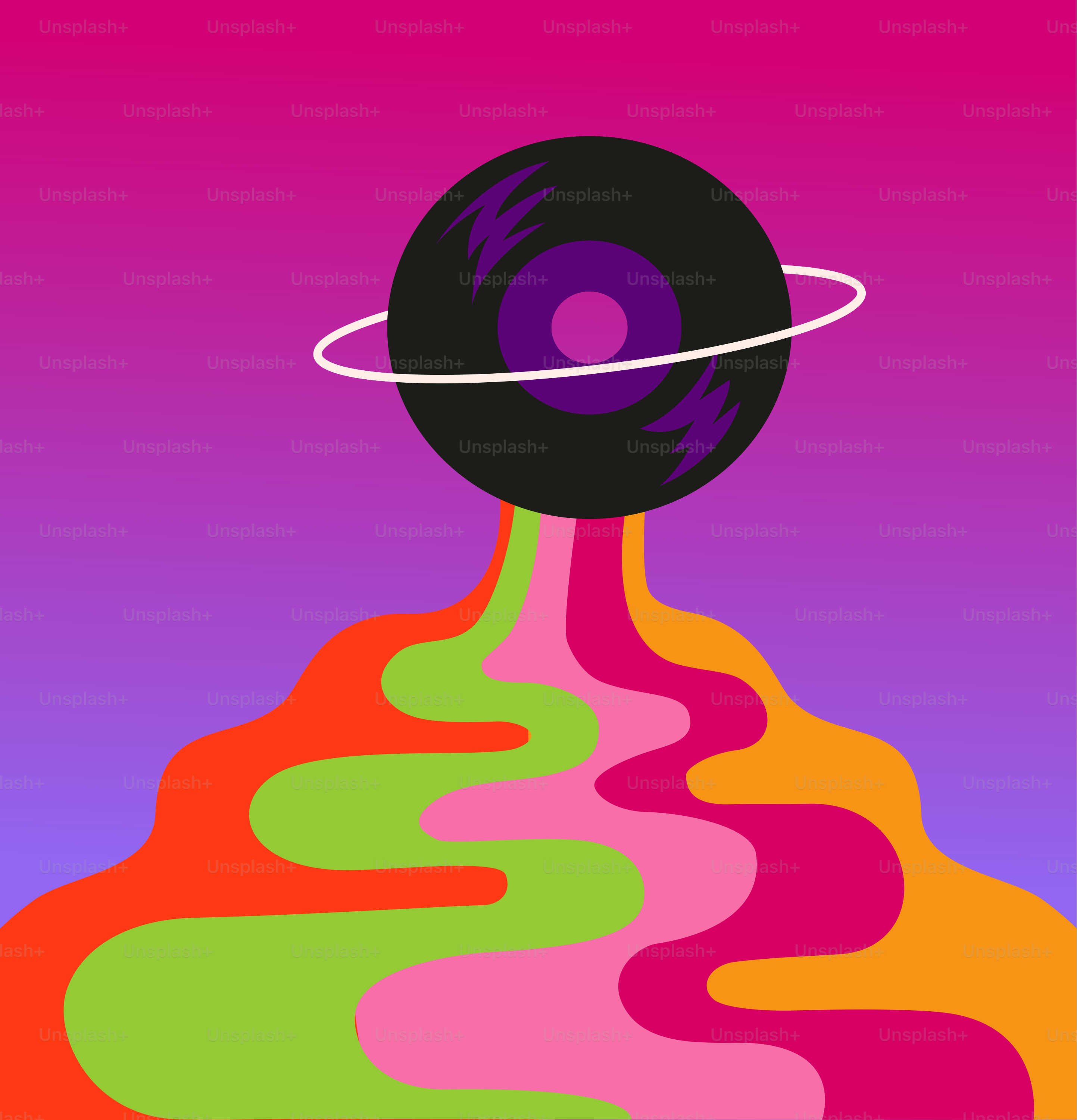 A vinyl record with colorful streams flowing from it.