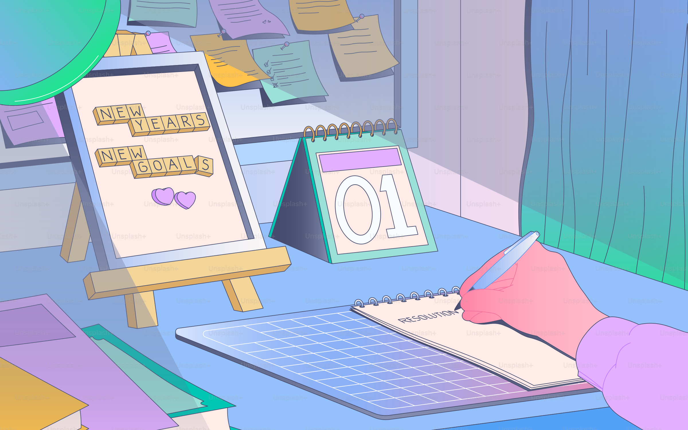 カレンダーとメモ、手書きの机