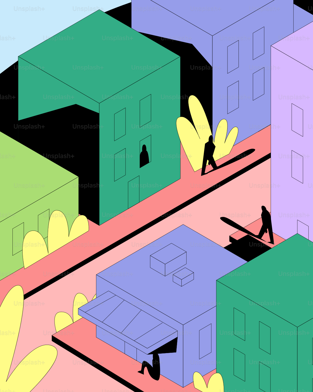 다채로운 건물과 실루엣으로 보이는 등각 투영 뷰.