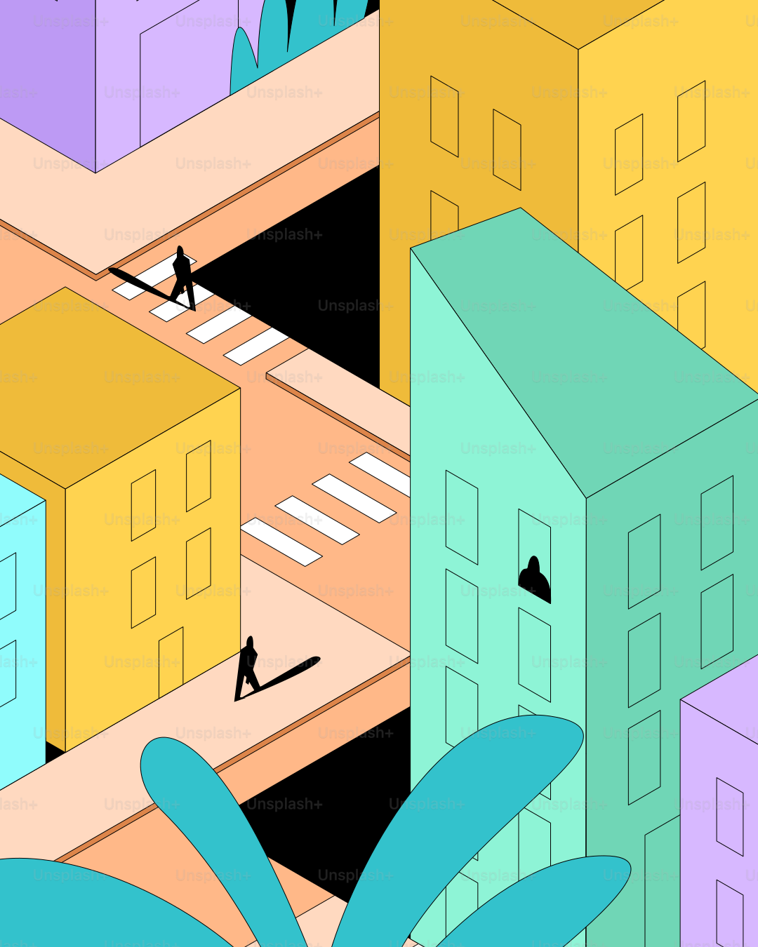 다채로운 건물과 보행자가 있는 스타일화된 등각 투영 도시 경관.