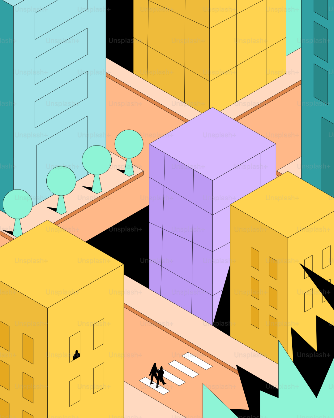 Isometrische Stadtlandschaft mit farbenfrohen Gebäuden und zwei Menschen, die die Straße überqueren,