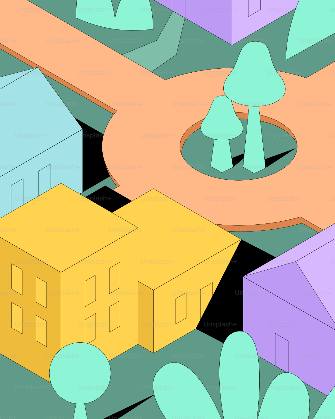 다채로운 건물과 나무가 있는 스타일화된 아이소메트릭 도시 경관.