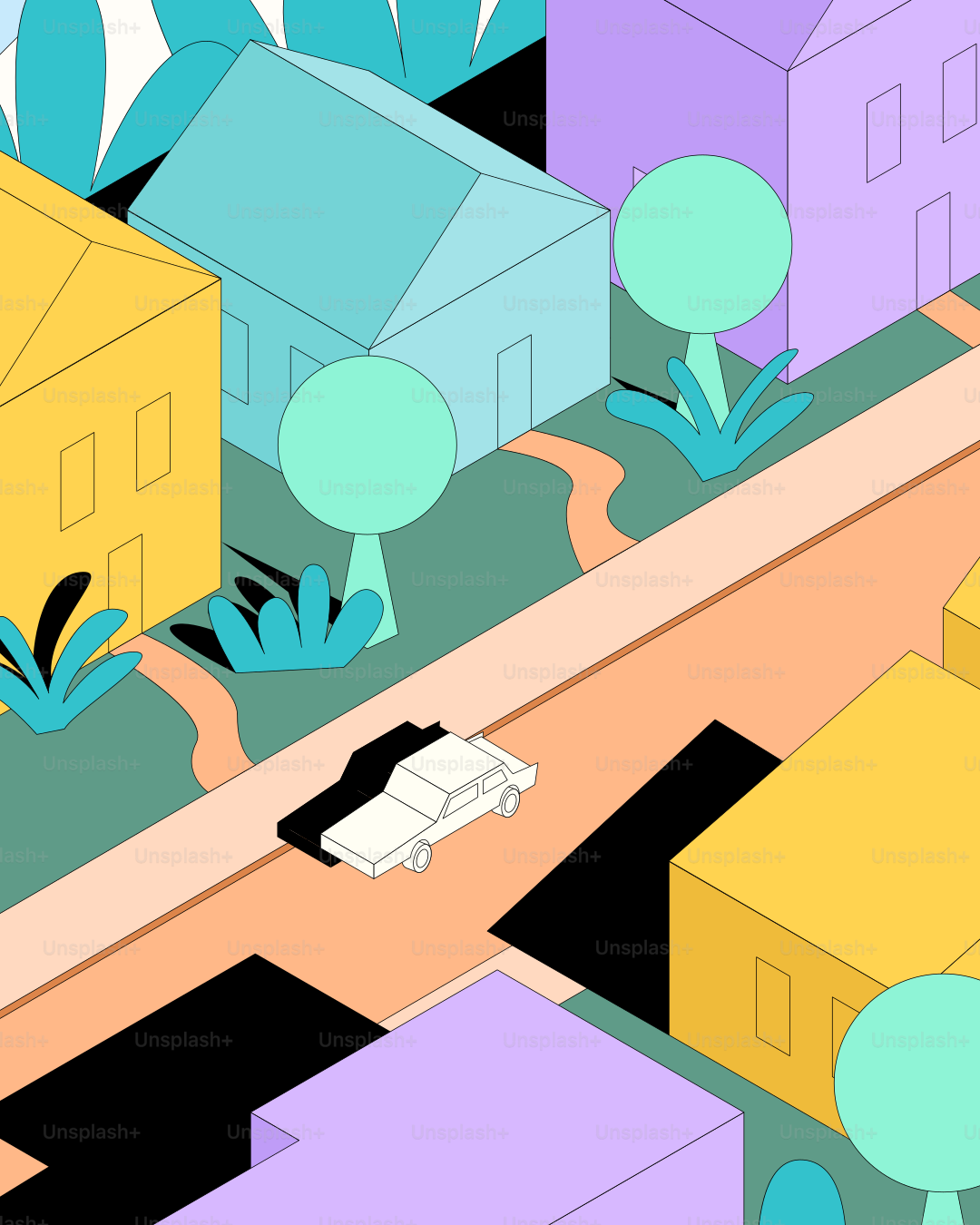 집과 자동차가 있는 거리의 스타일화된 등각 투영 뷰.