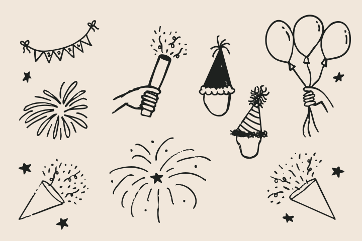 Party decorations and fireworks doodles on a beige background