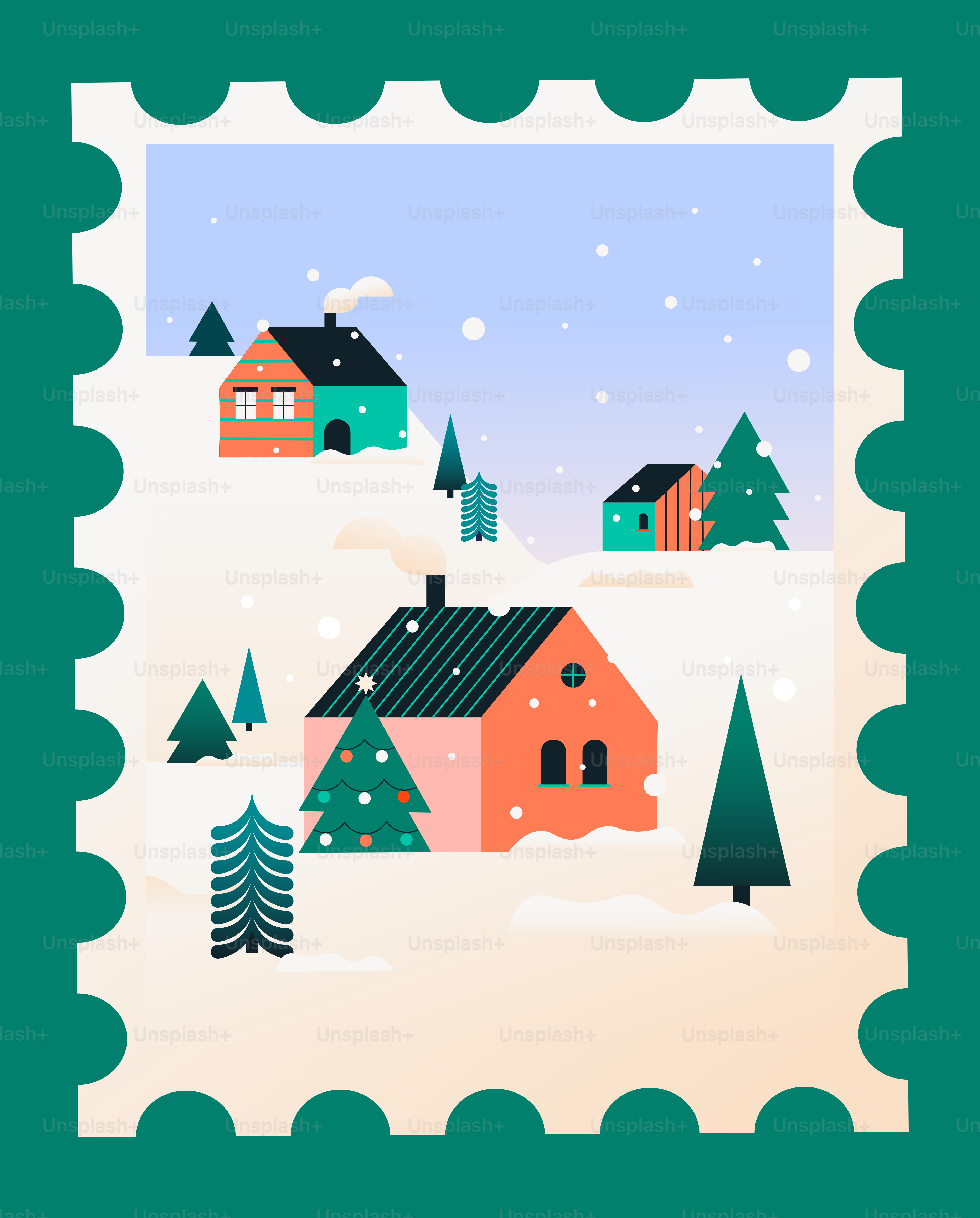 Winter village scene with houses and snow.