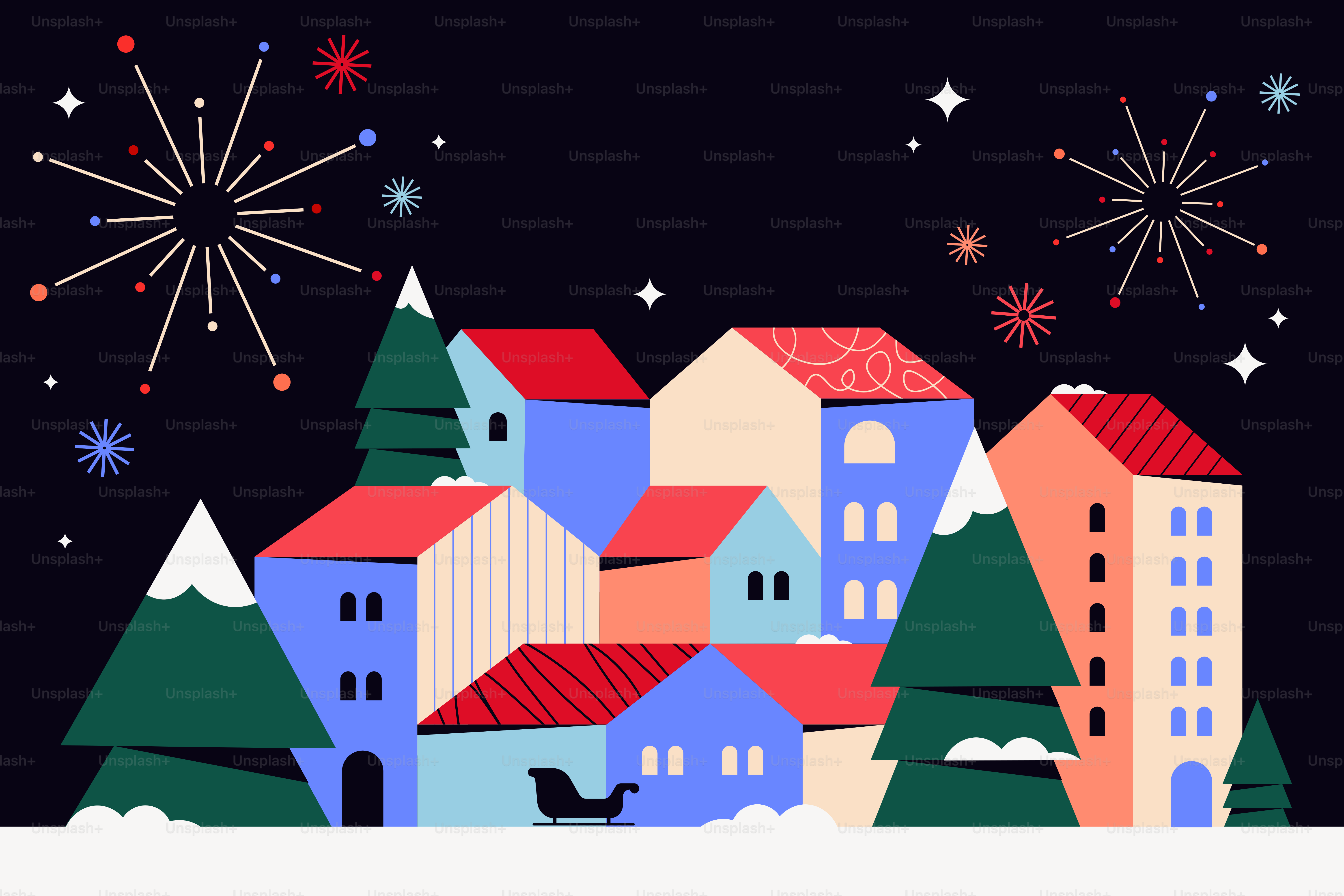 Colorful village with fireworks on new year's eve.