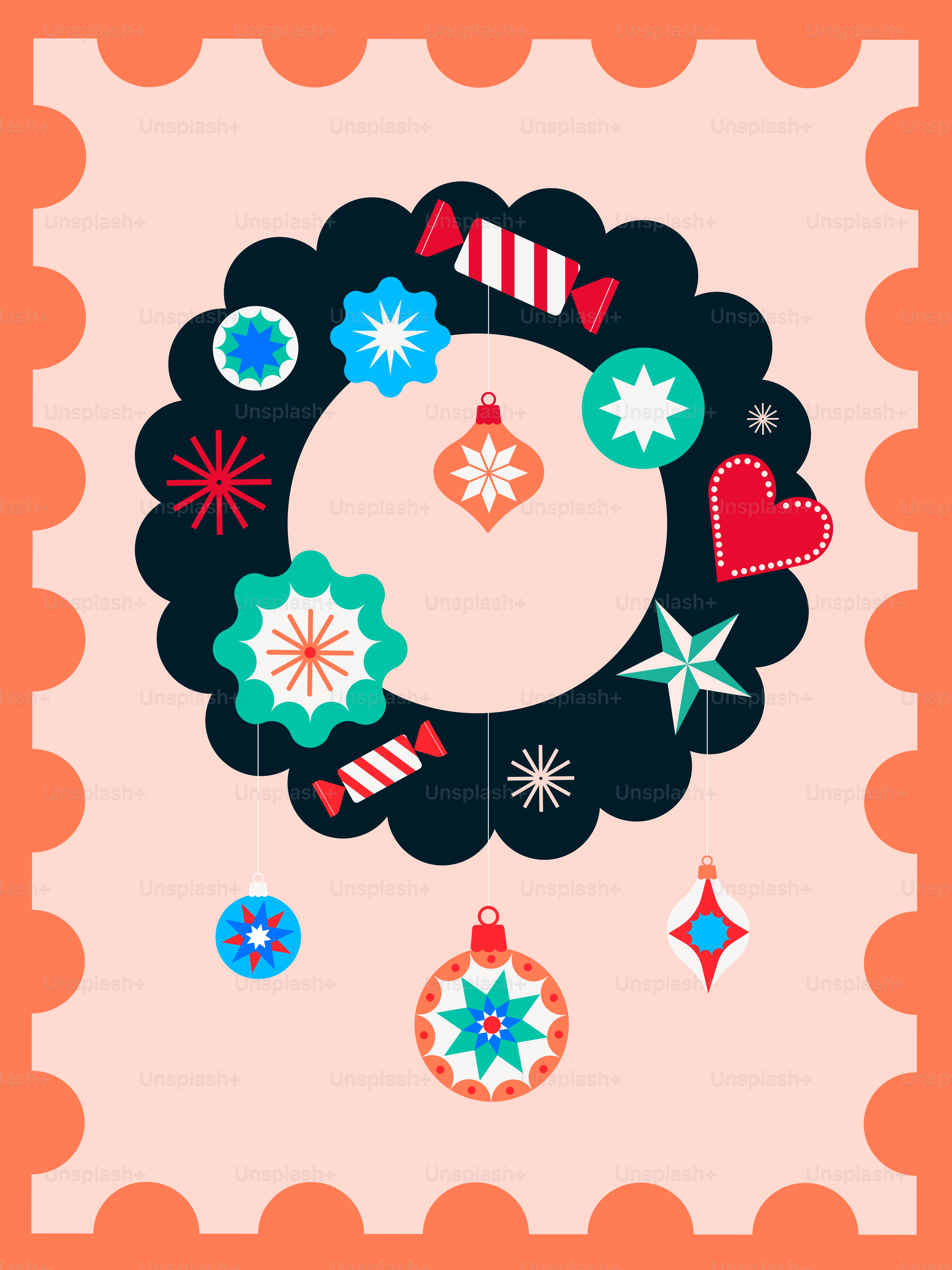 Festive holiday wreath with ornaments and candy
