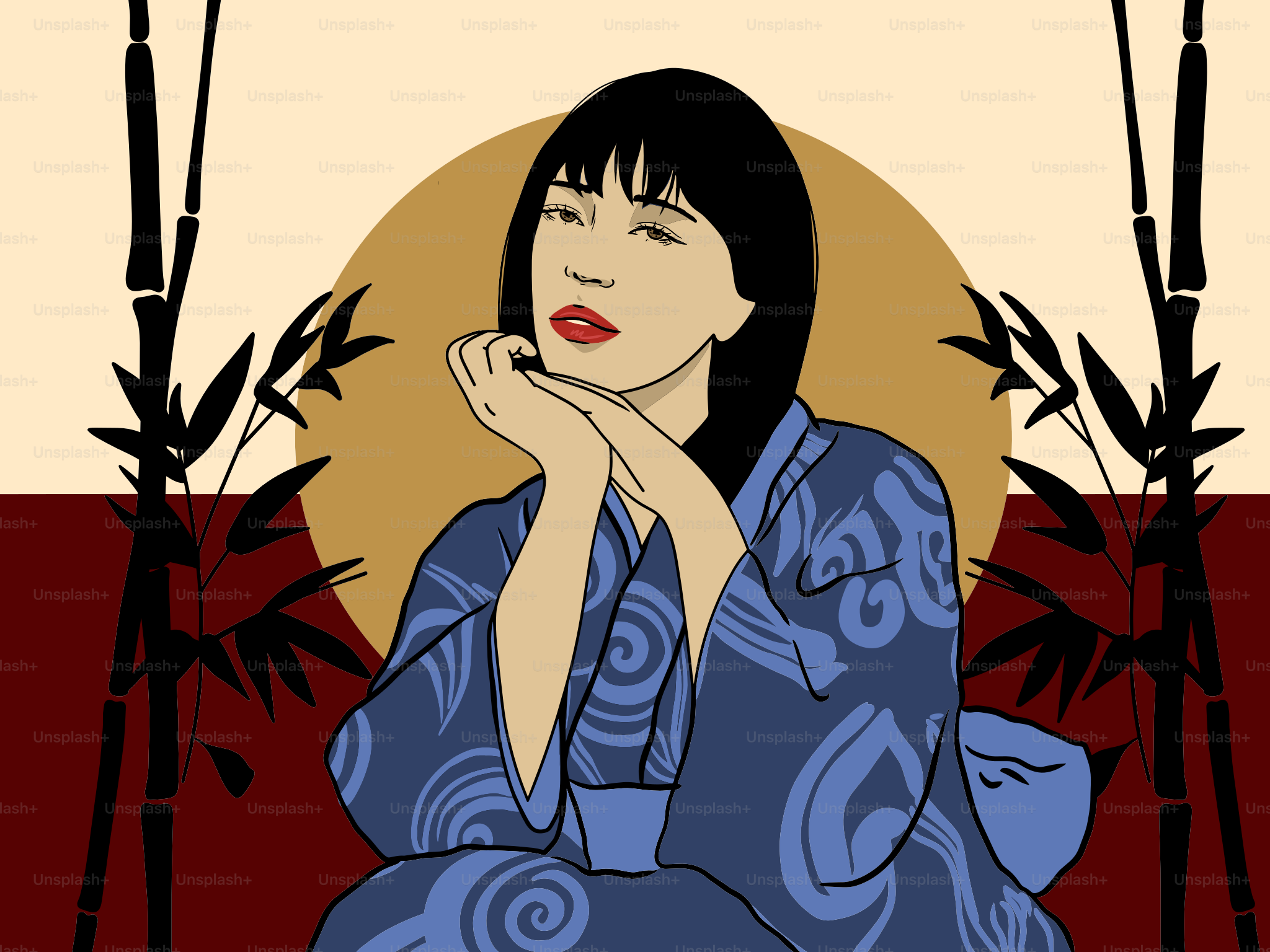 Woman in blue kimono with bamboo and sun