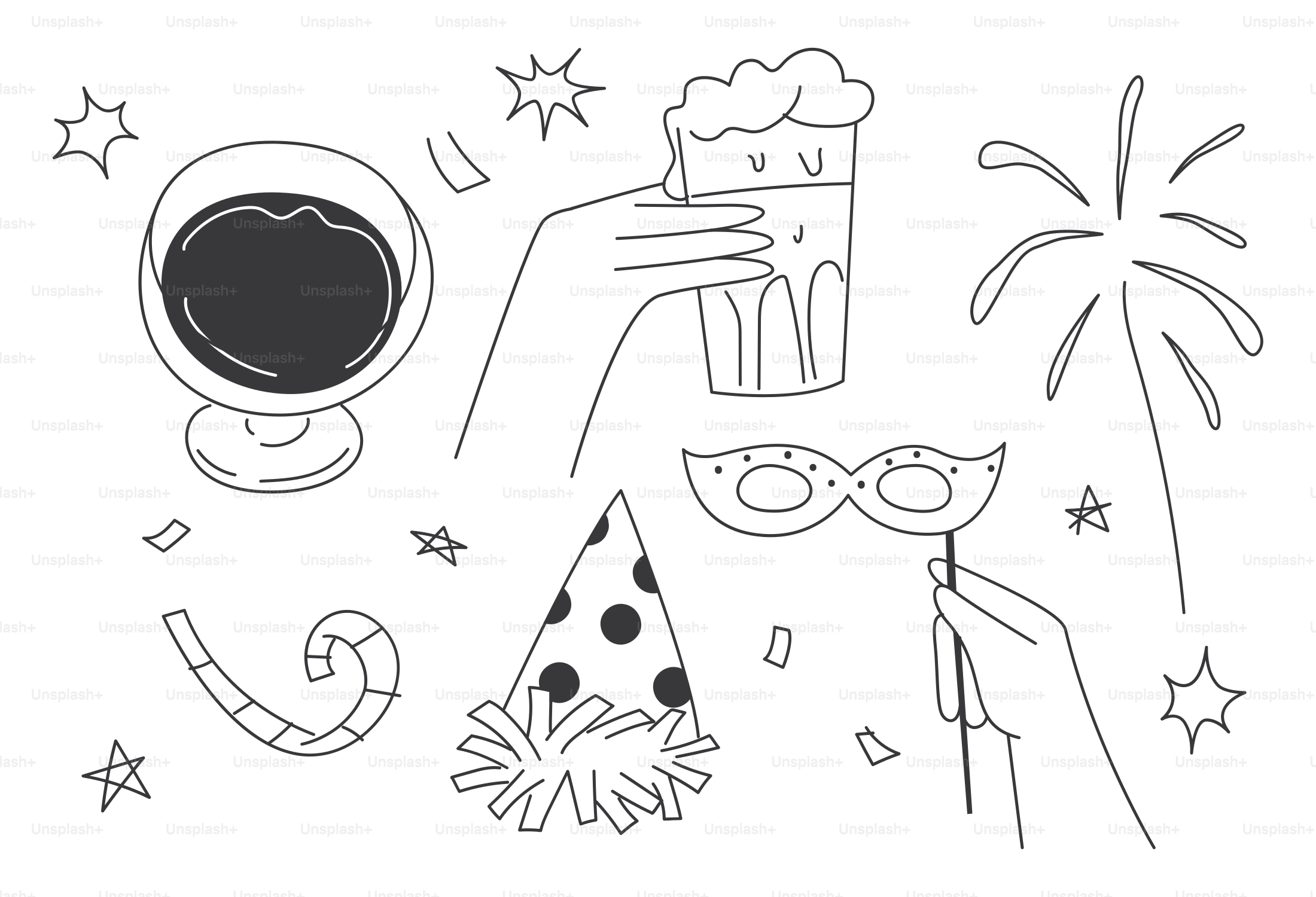 Party elements including drinks, hat, mask, and fireworks.