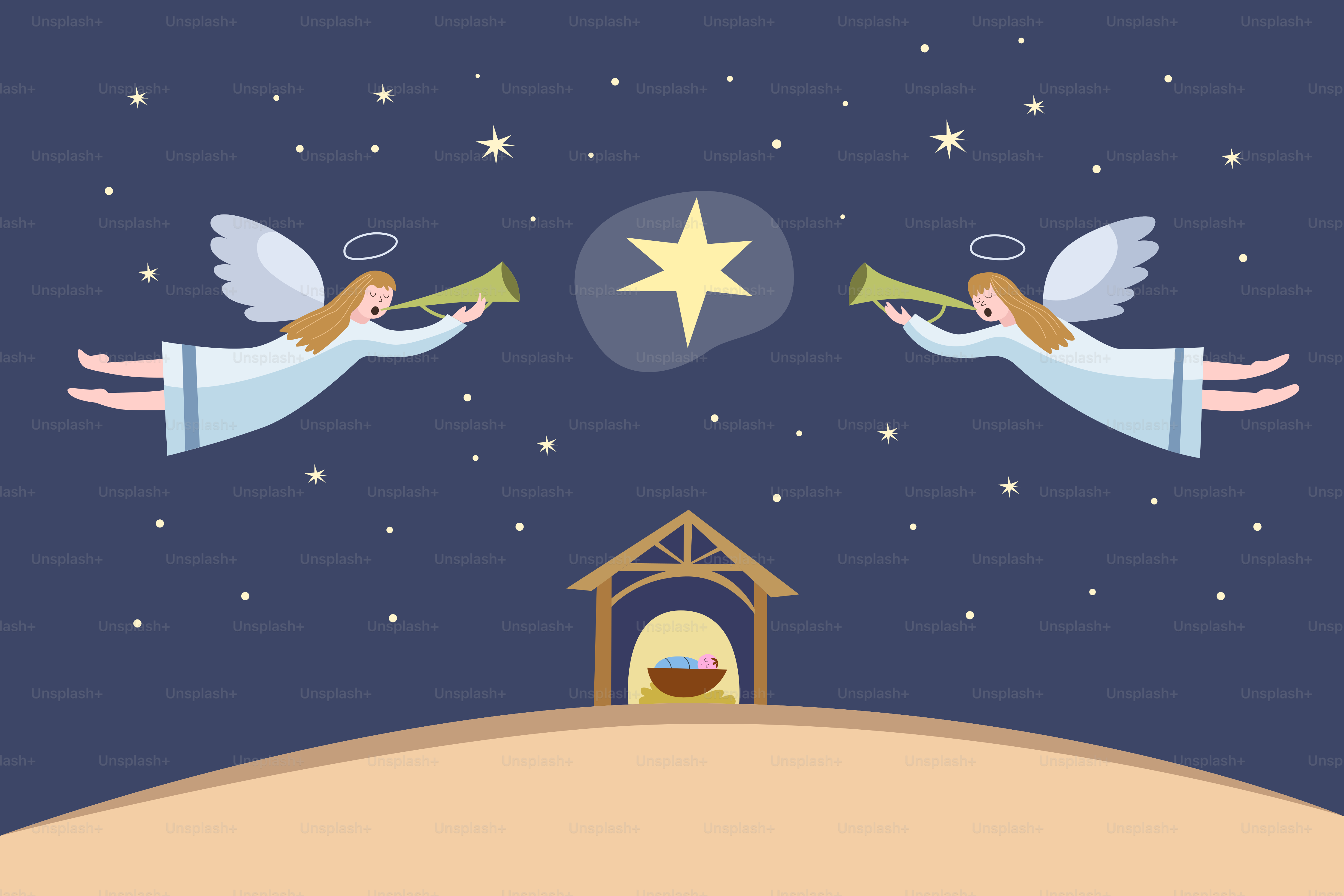 星空の下で二人の天使がトランペットを吹く。