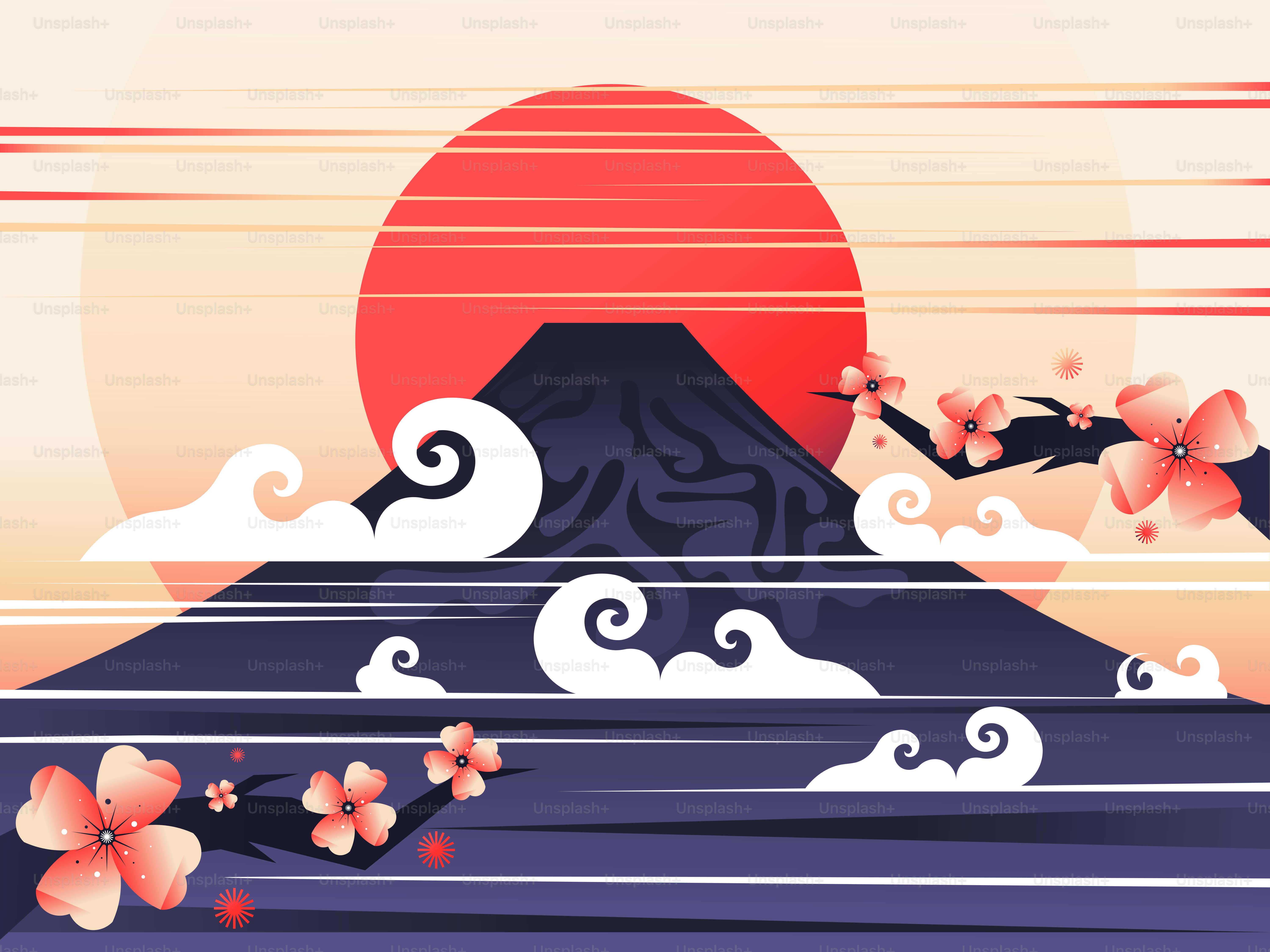 Mount fuji with cherry blossoms at sunrise