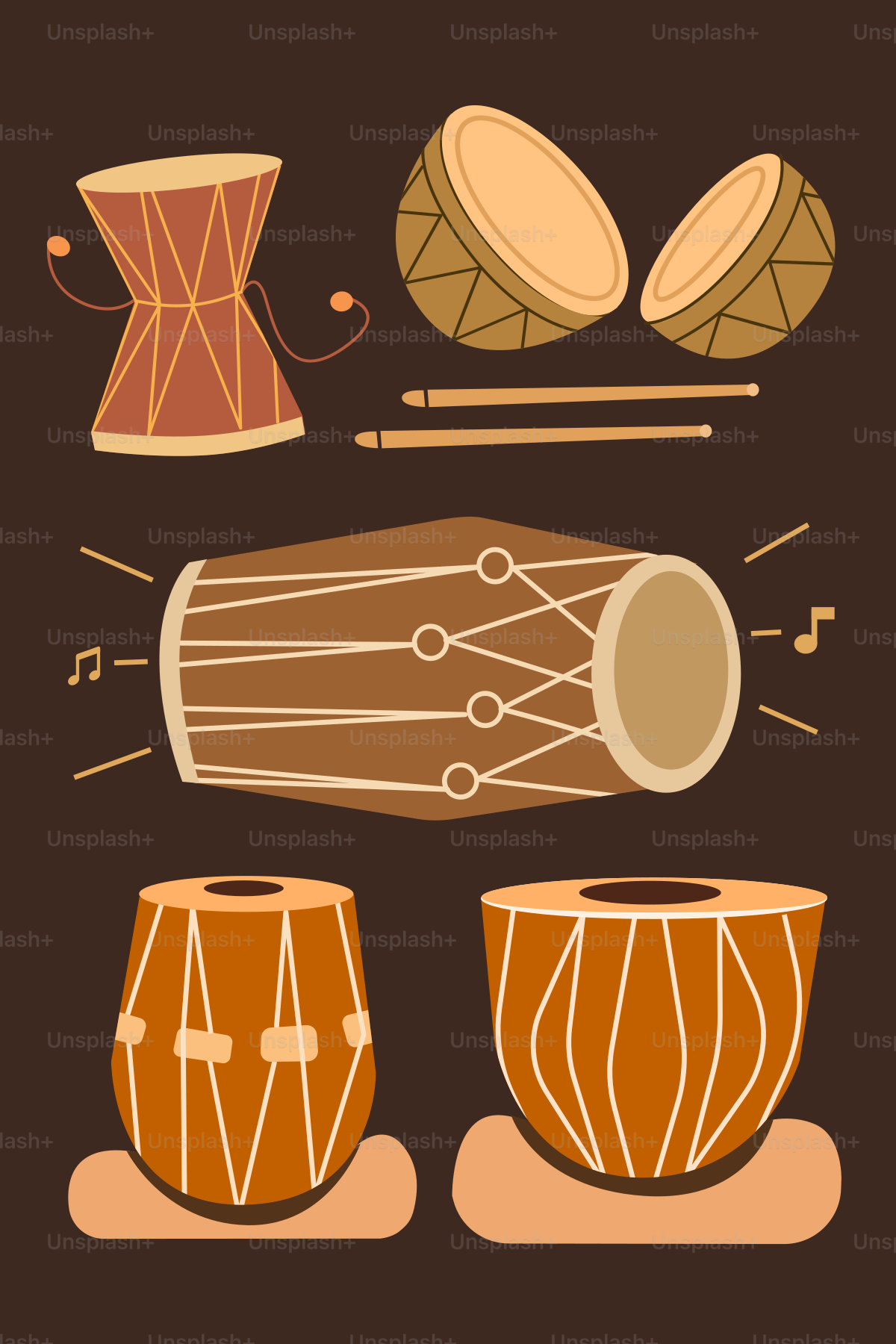 Various indian drums and drumsticks on brown background