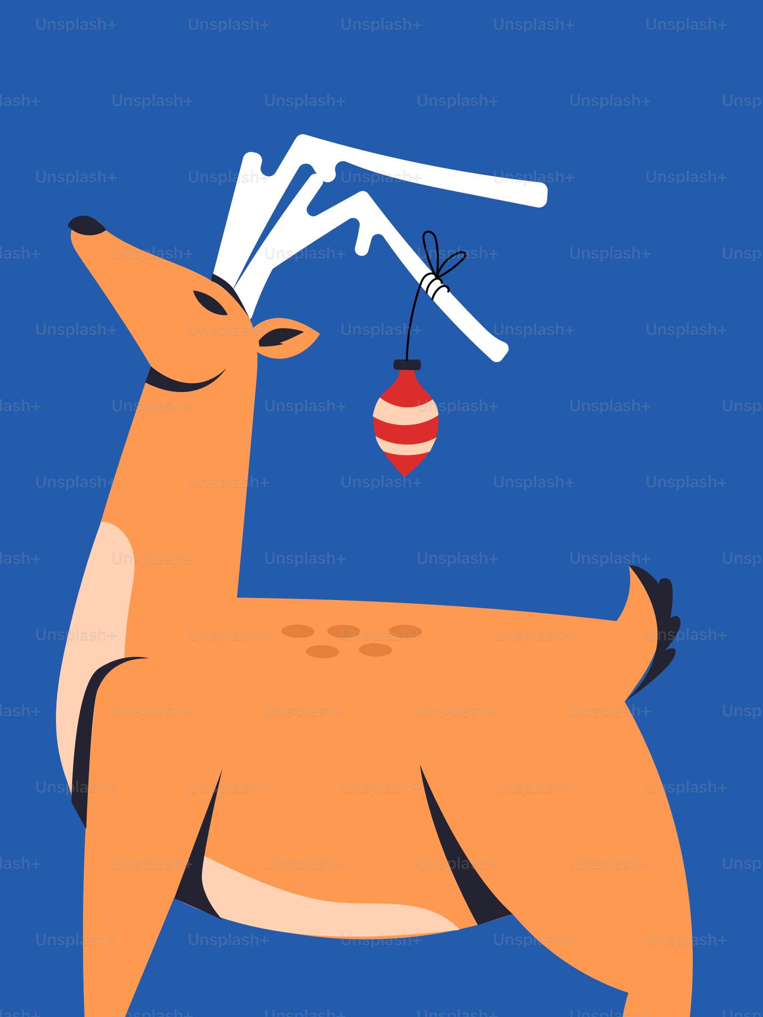 Un reno de dibujos animados con un adorno navideño en sus astas.