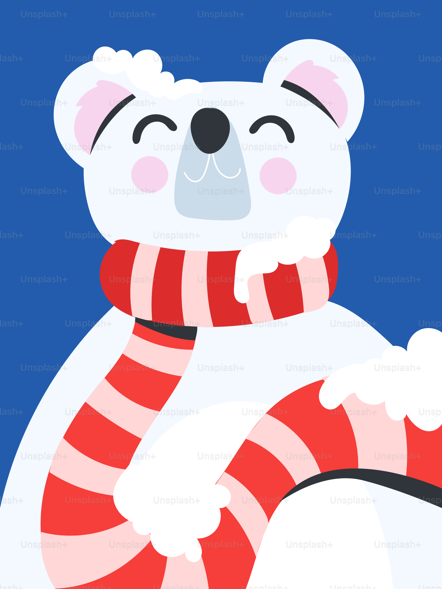 Un oso polar sonriente con una bufanda de rayas