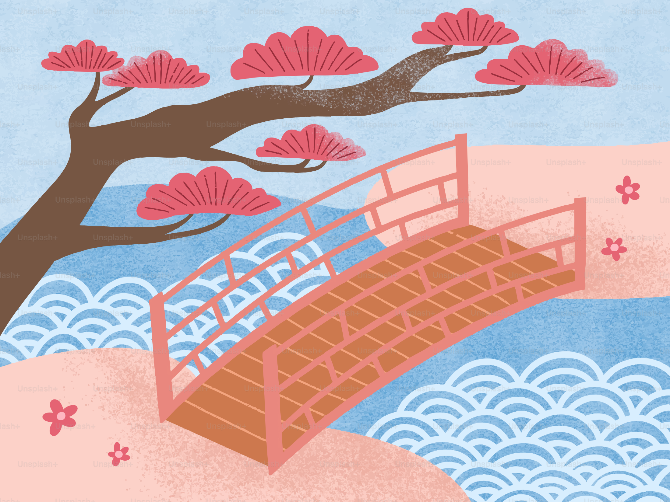 Japanese garden with bridge and cherry blossoms