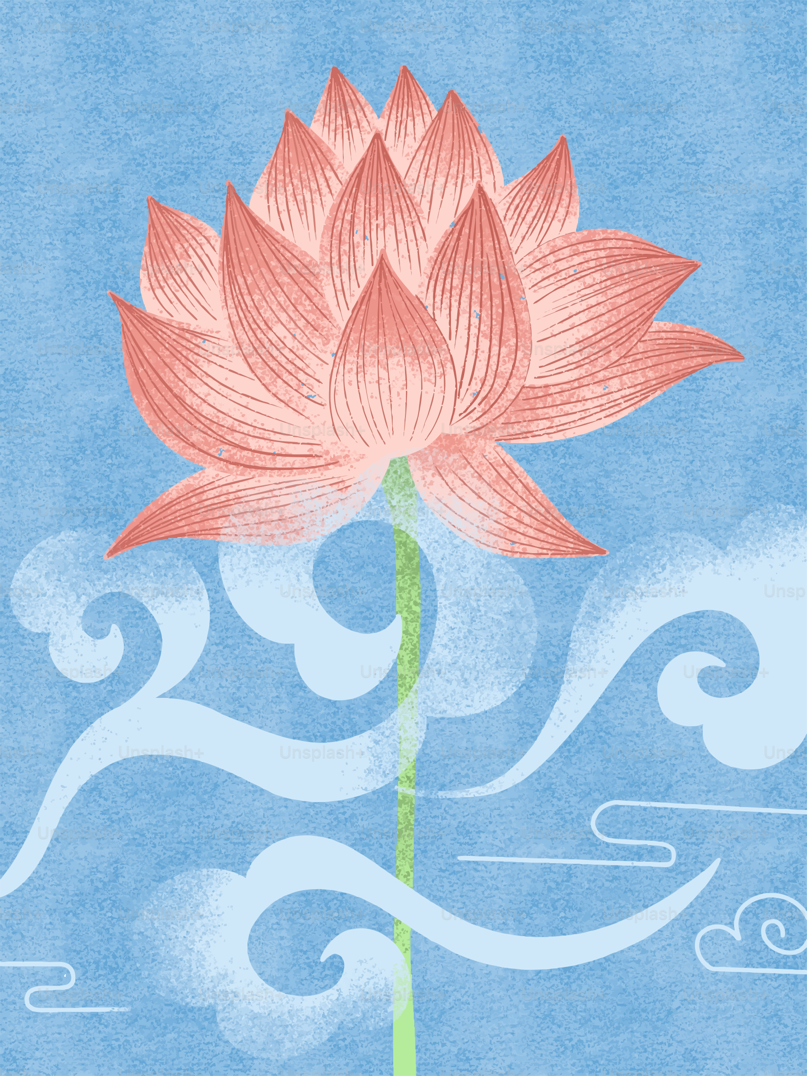 A pink lotus flower blooms among stylized clouds.