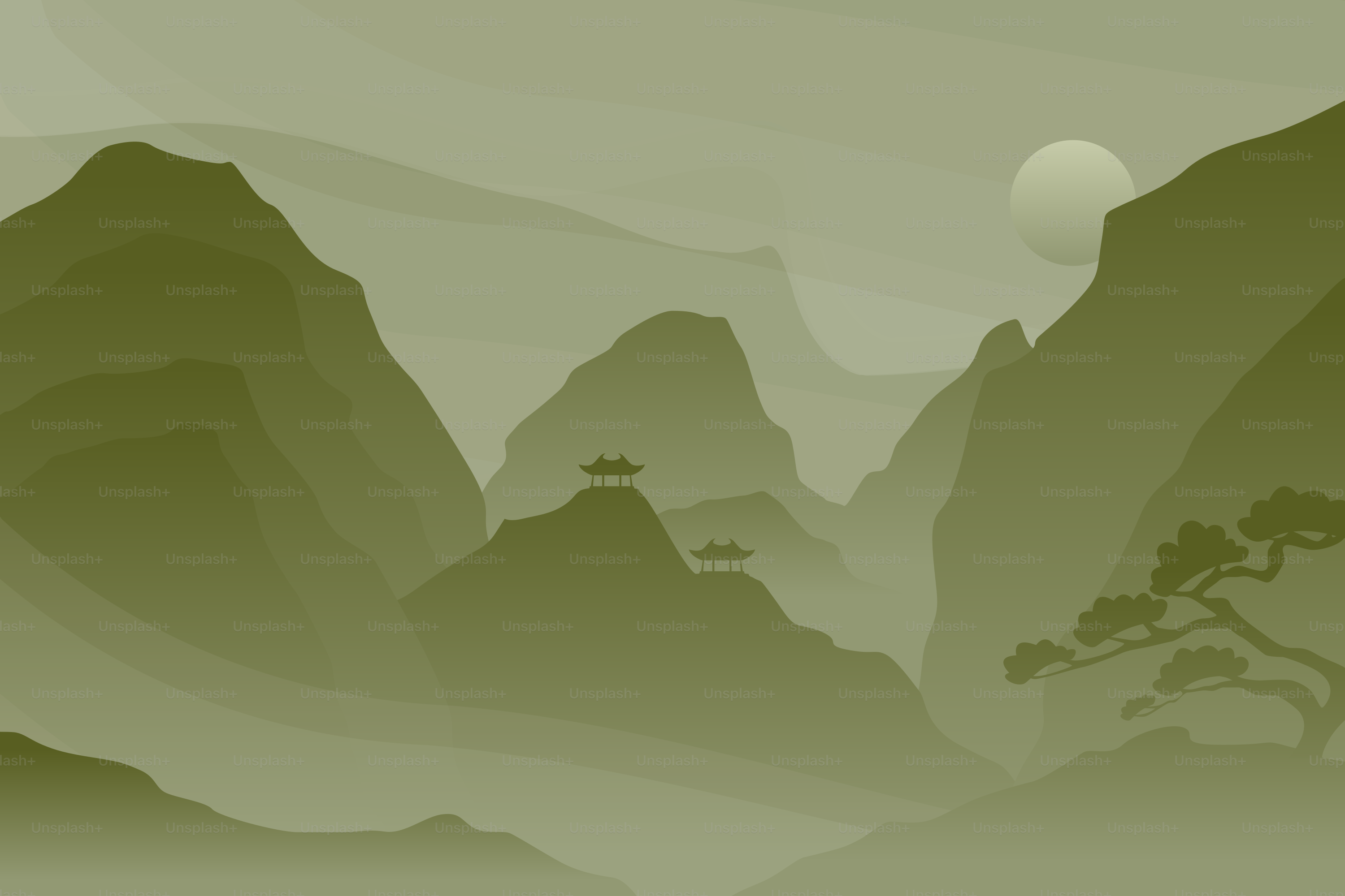 Misty mountains with a sun and distant trees.