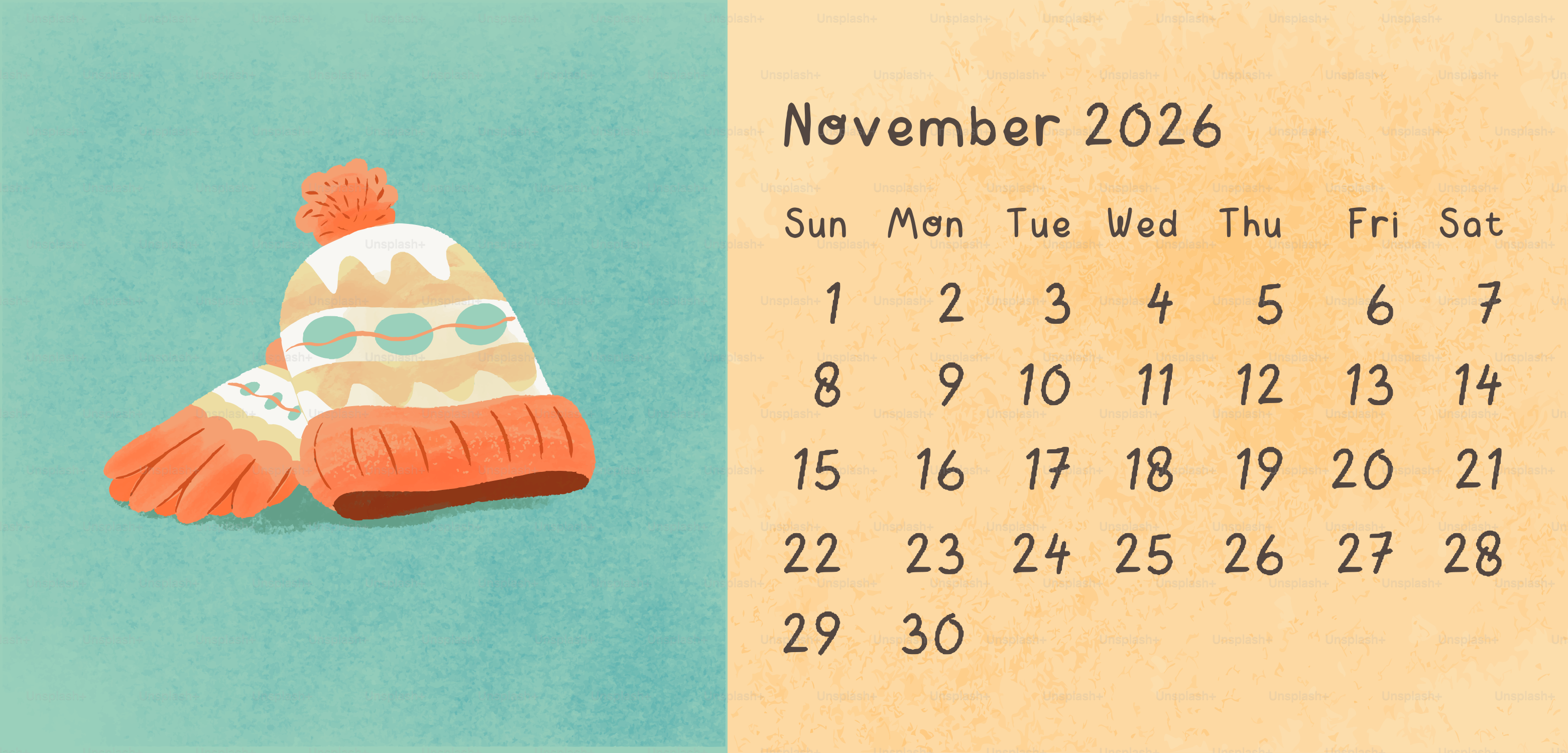 November 2026 calendar with winter hat and mittens.