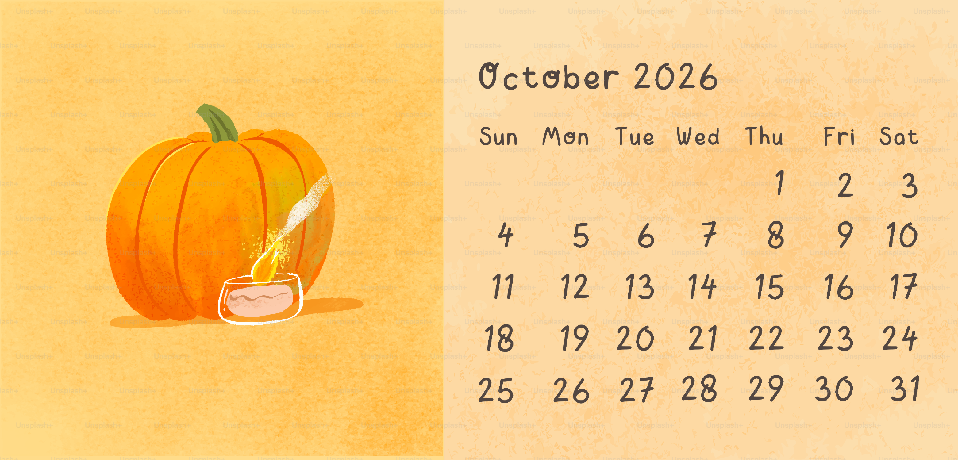 October 2026 calendar with a pumpkin and pumpkin.