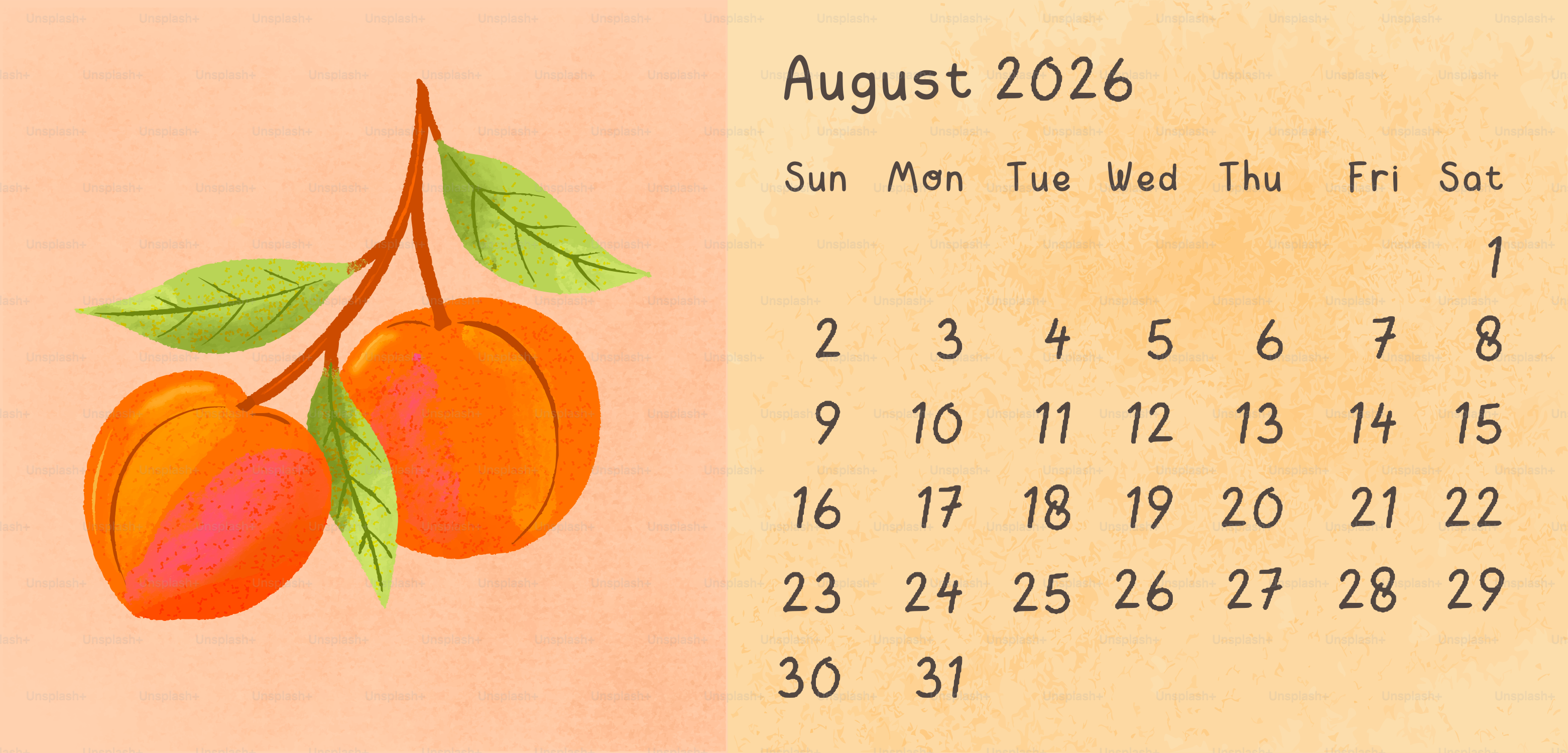 August 2026 calendar with peaches
