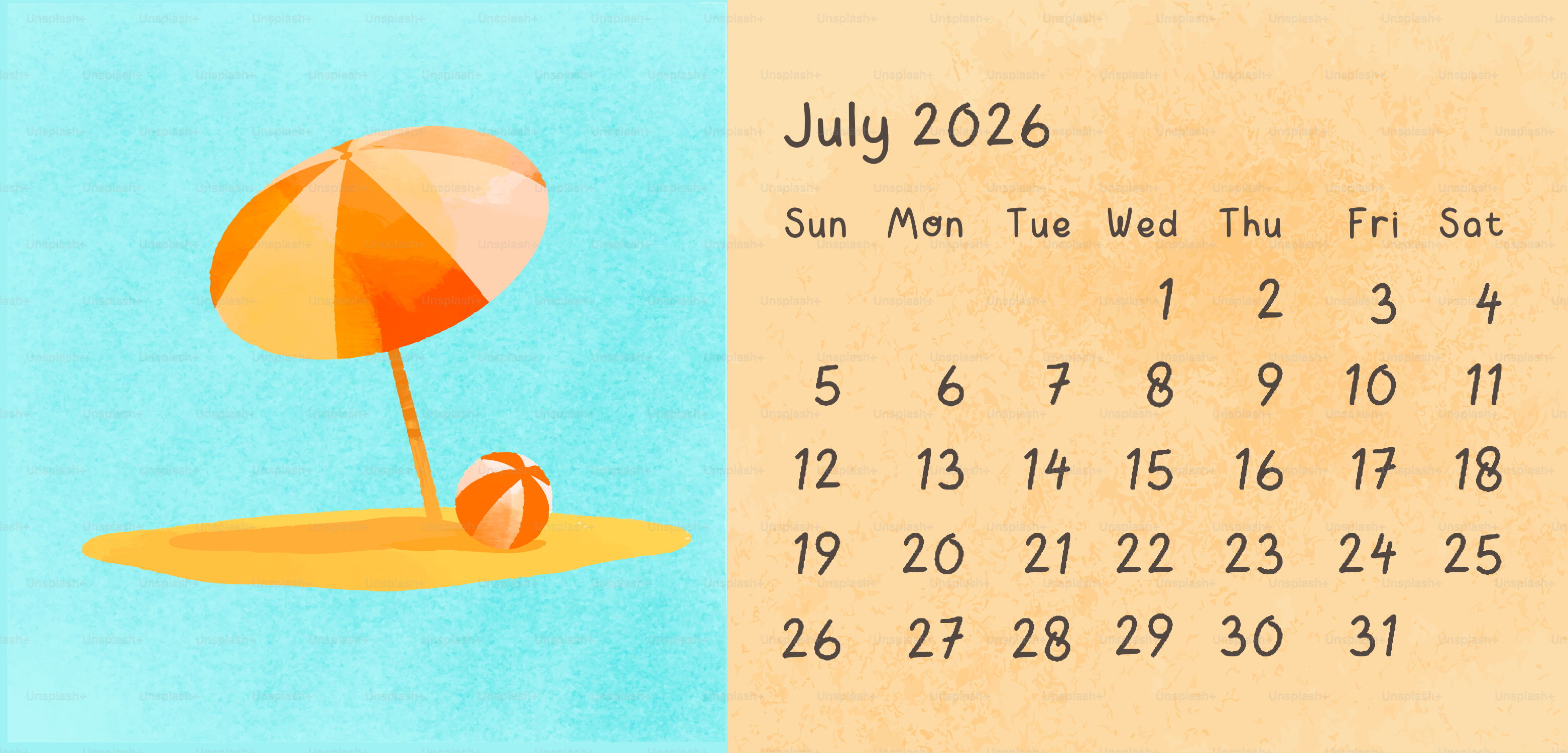 July 2026 calendar with beach umbrella and ball