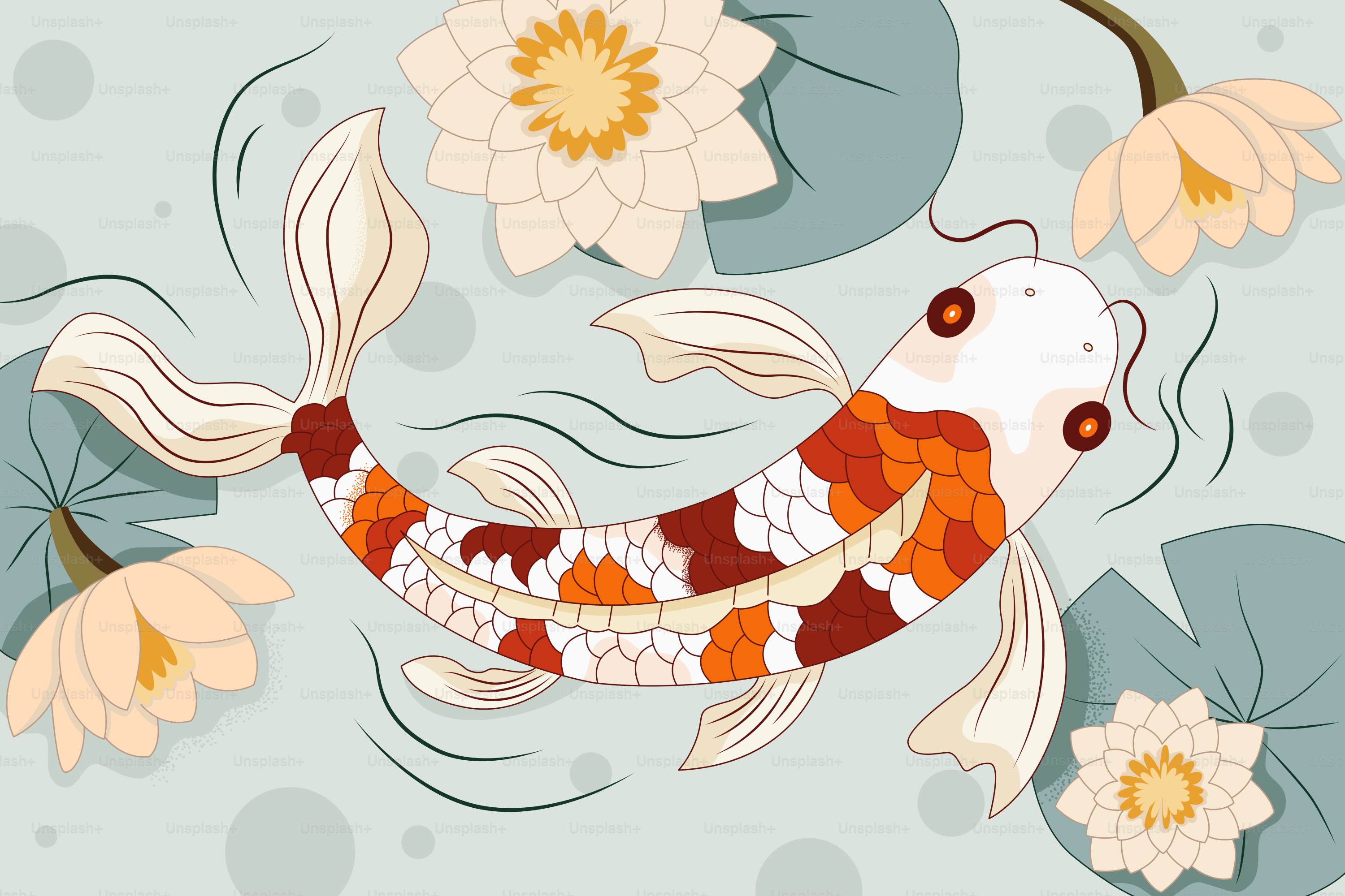 A koi fish swims among water lilies.