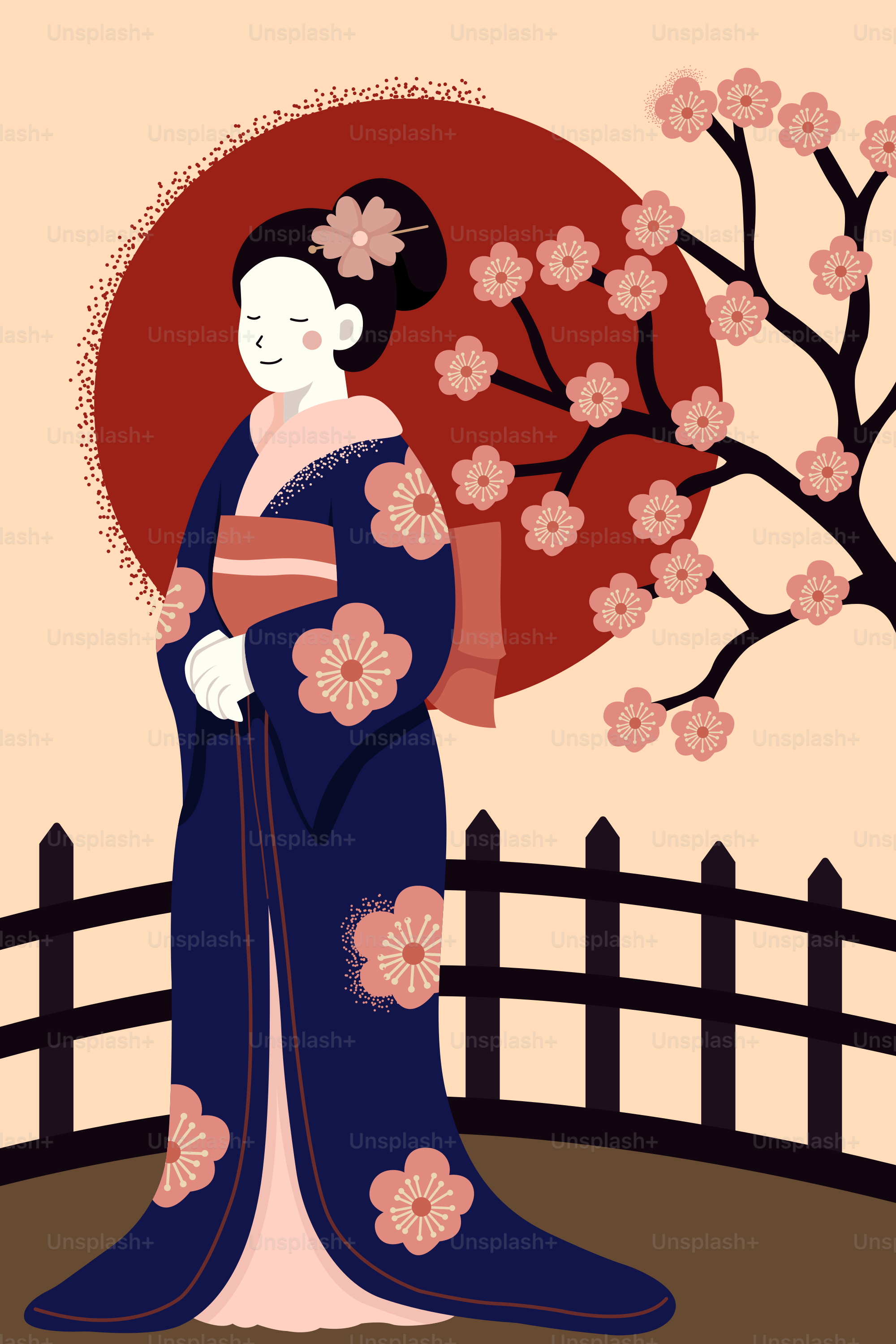 Woman in traditional kimono with cherry blossoms.