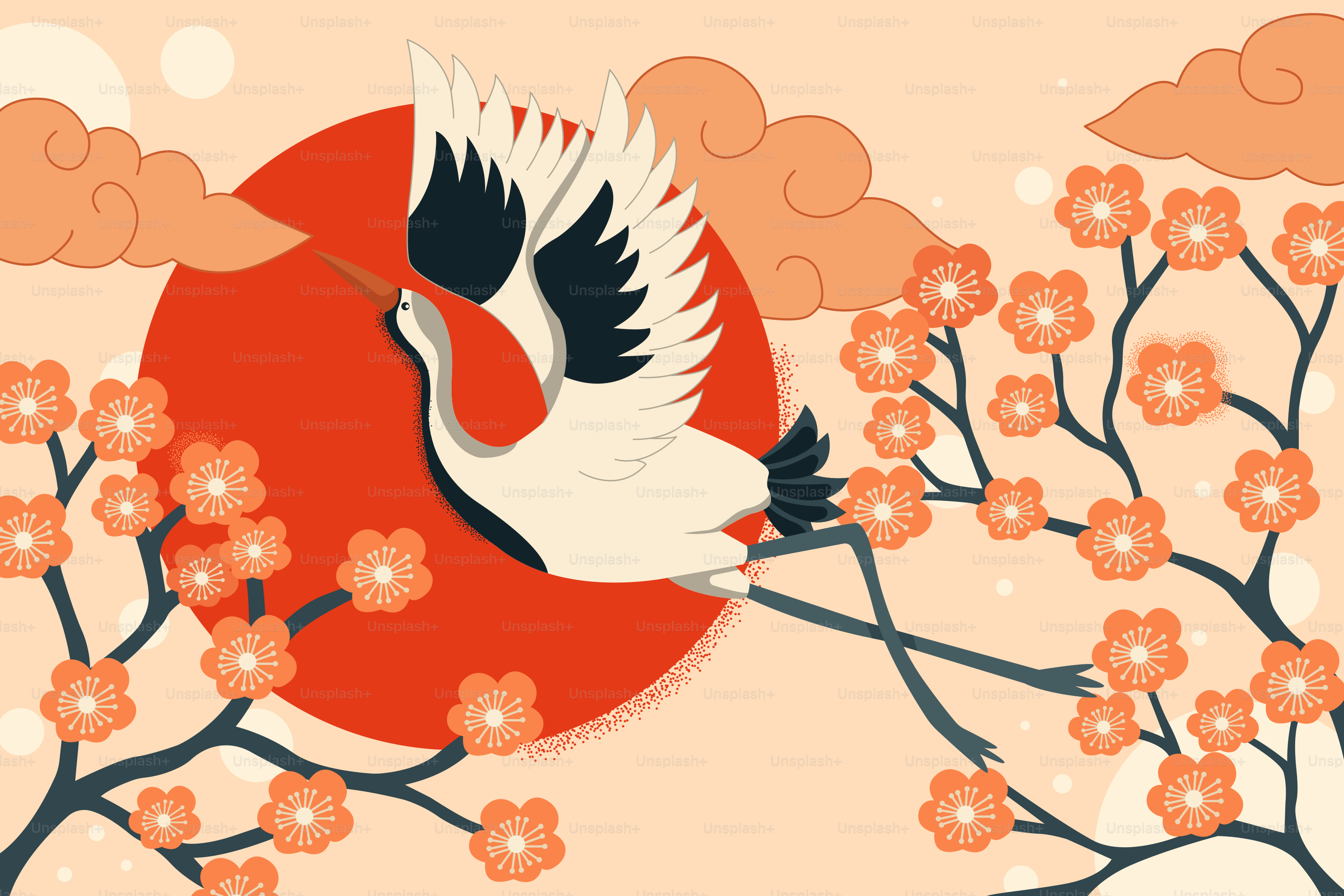 Crane flying past cherry blossoms and sun