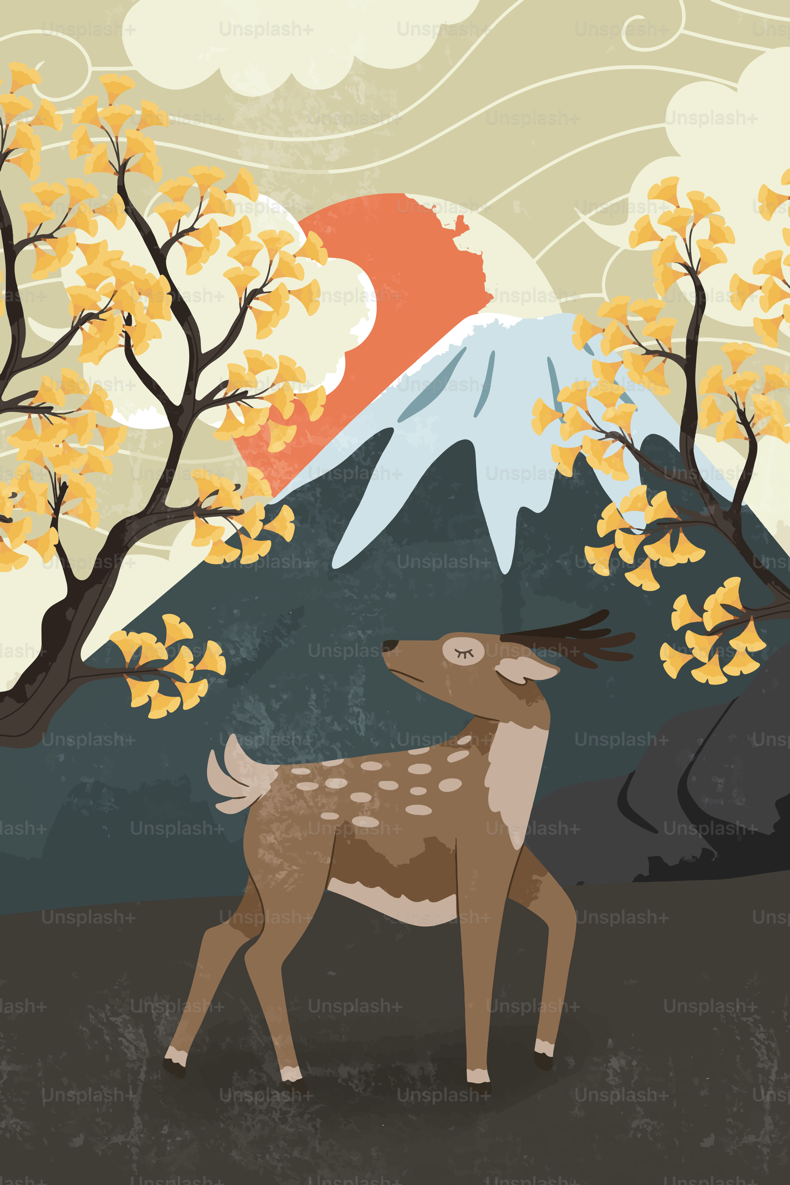 Deer with autumn trees and mount fuji