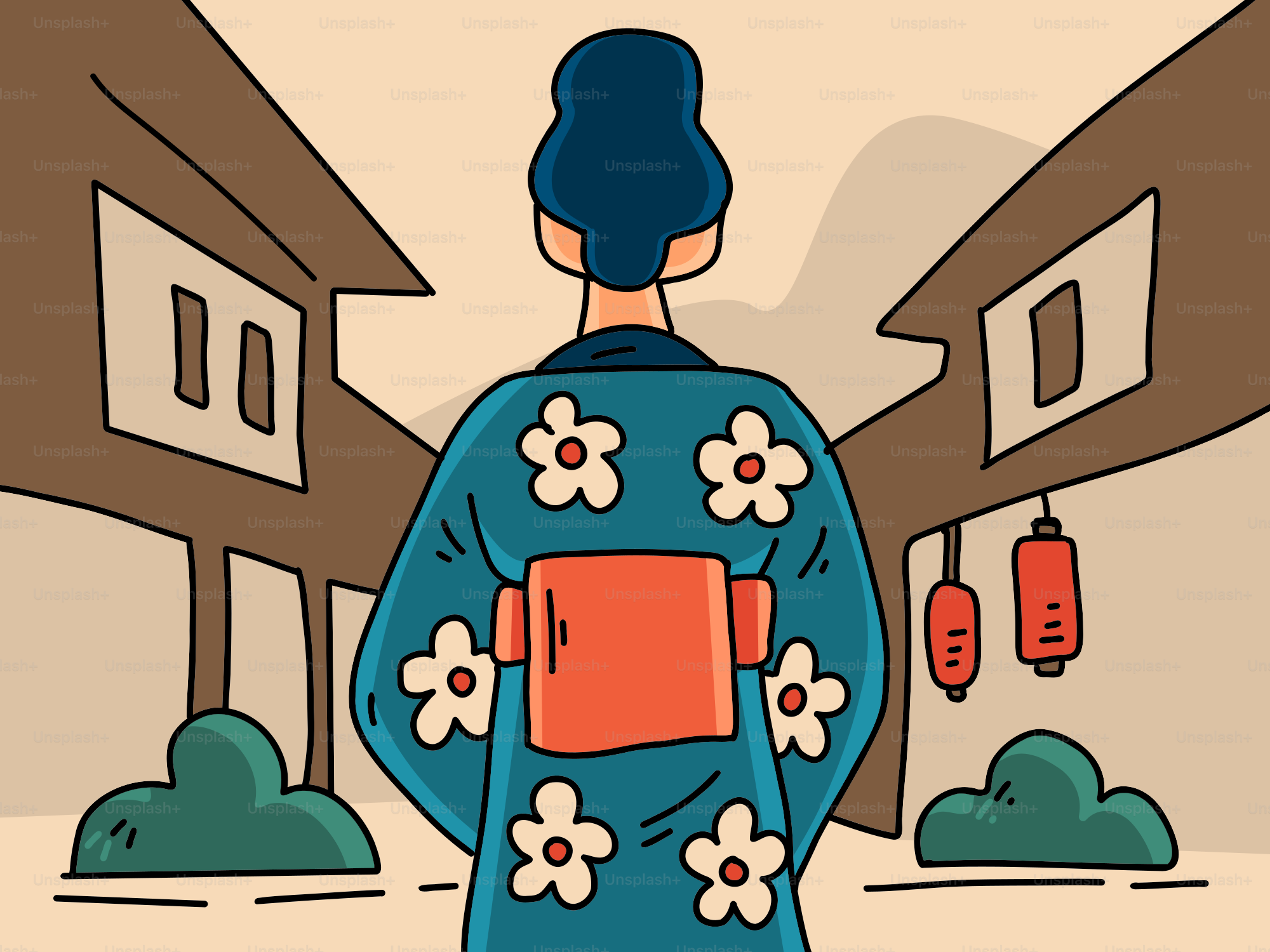 Woman in kimono walks down traditional japanese street.
