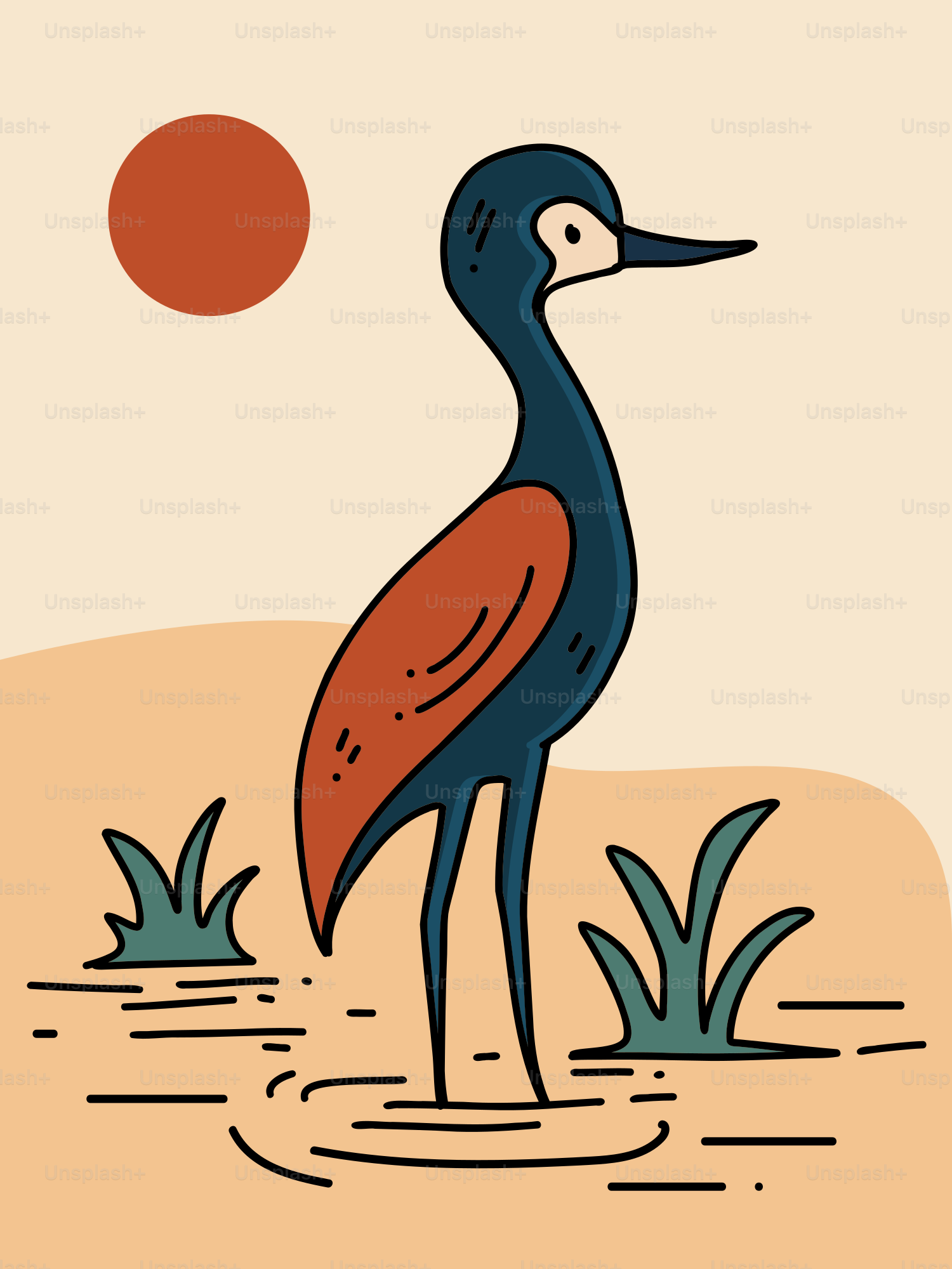 A stylized bird stands in shallow water at sunset.