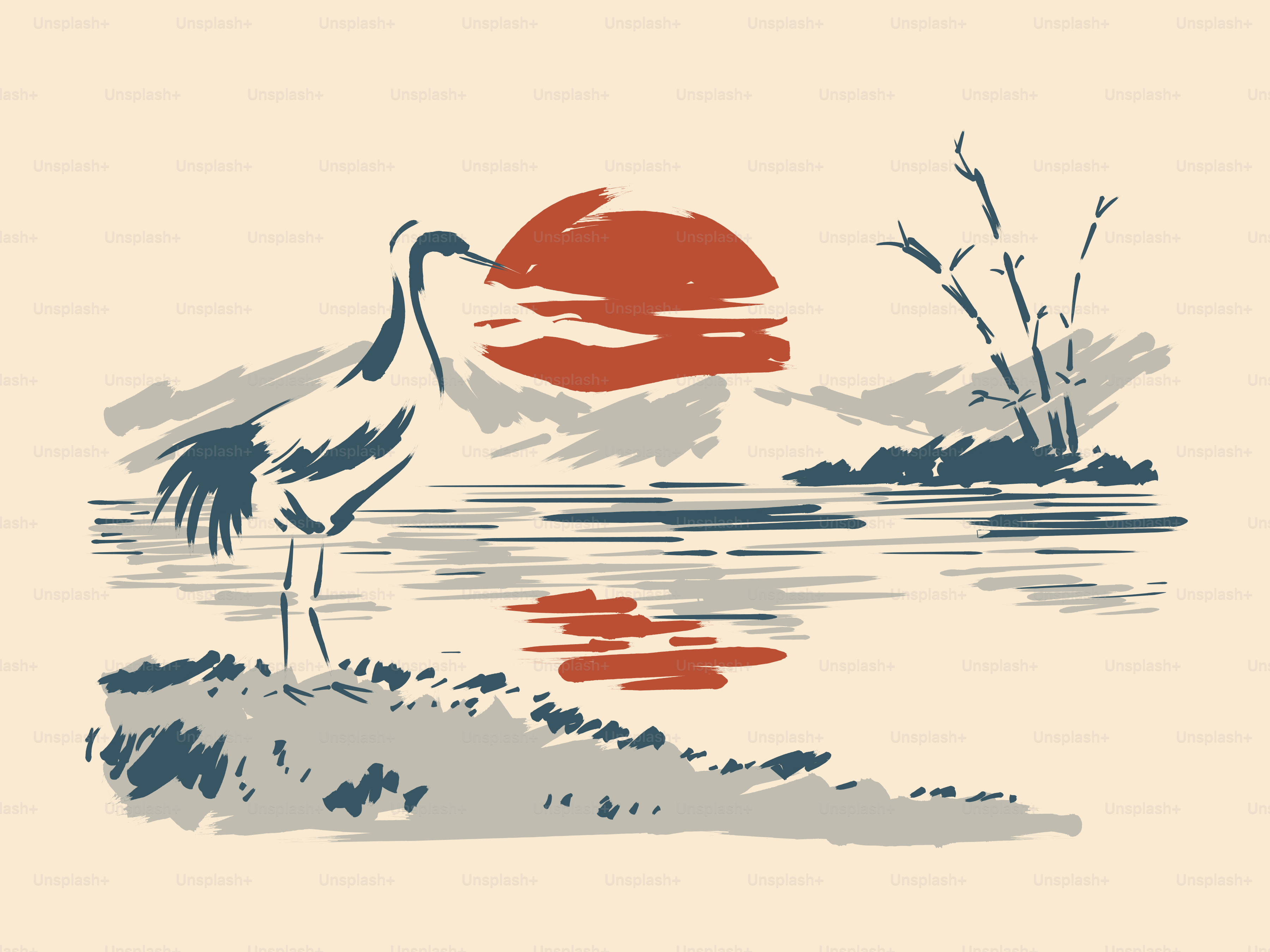 Crane standing by water with a red sun.